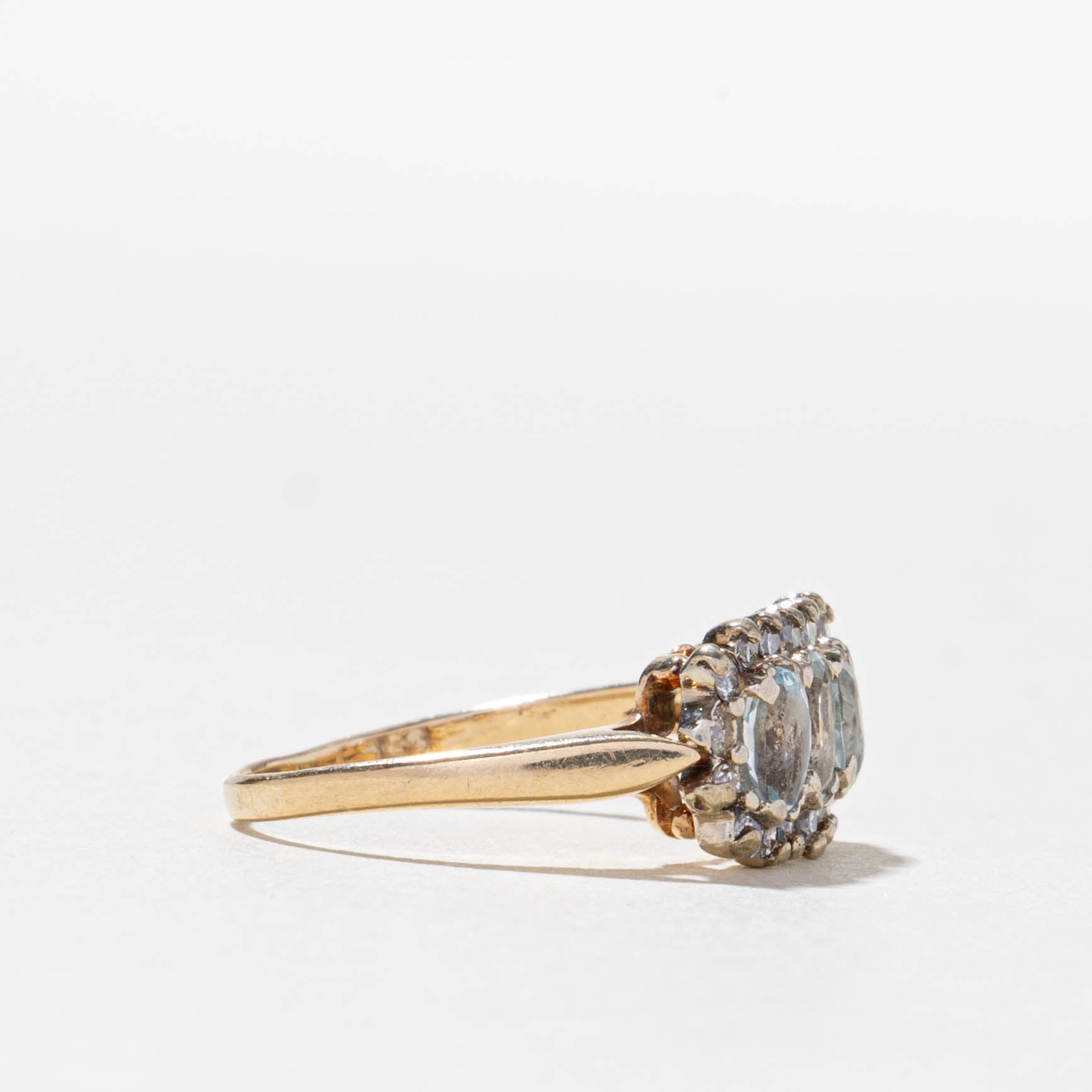 14k Three Stone Aquamarine & Diamond Petal Halo Ring | 0.42ctw, 0.18ctw | SZ 5.5