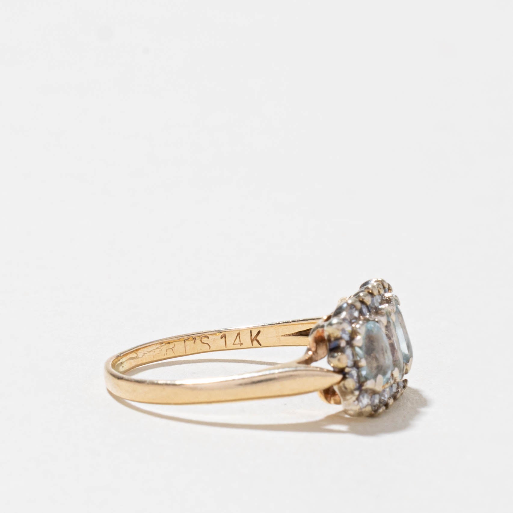 14k Three Stone Aquamarine & Diamond Petal Halo Ring | 0.42ctw, 0.18ctw | SZ 5.5
