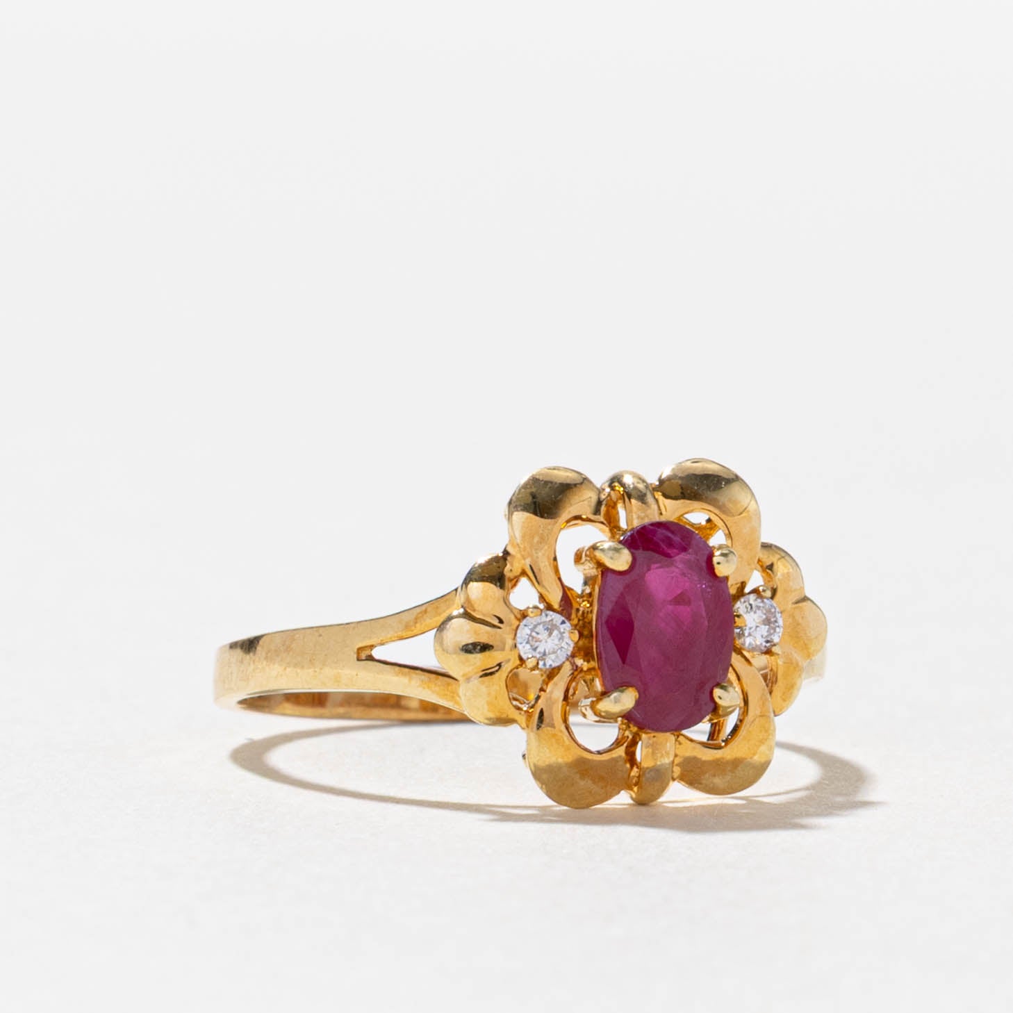 18k Ruby & Diamond Accented Floral Ring | 0.50ct, 0.03ctw | SZ 6
