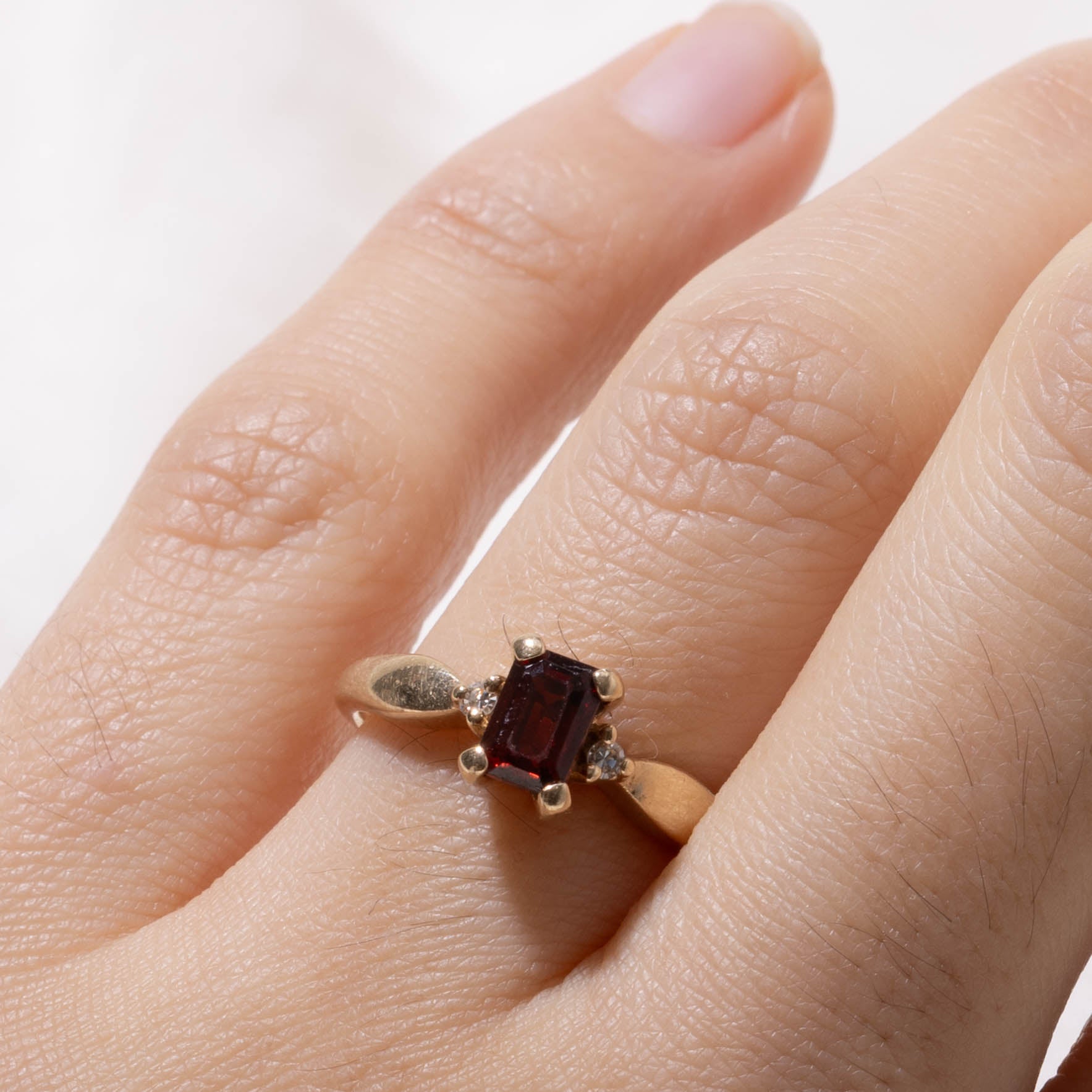 10k Emerald Cut Garnet & Diamond Accented Ring | 0.75ct, 0.02ctw | SZ 6.75