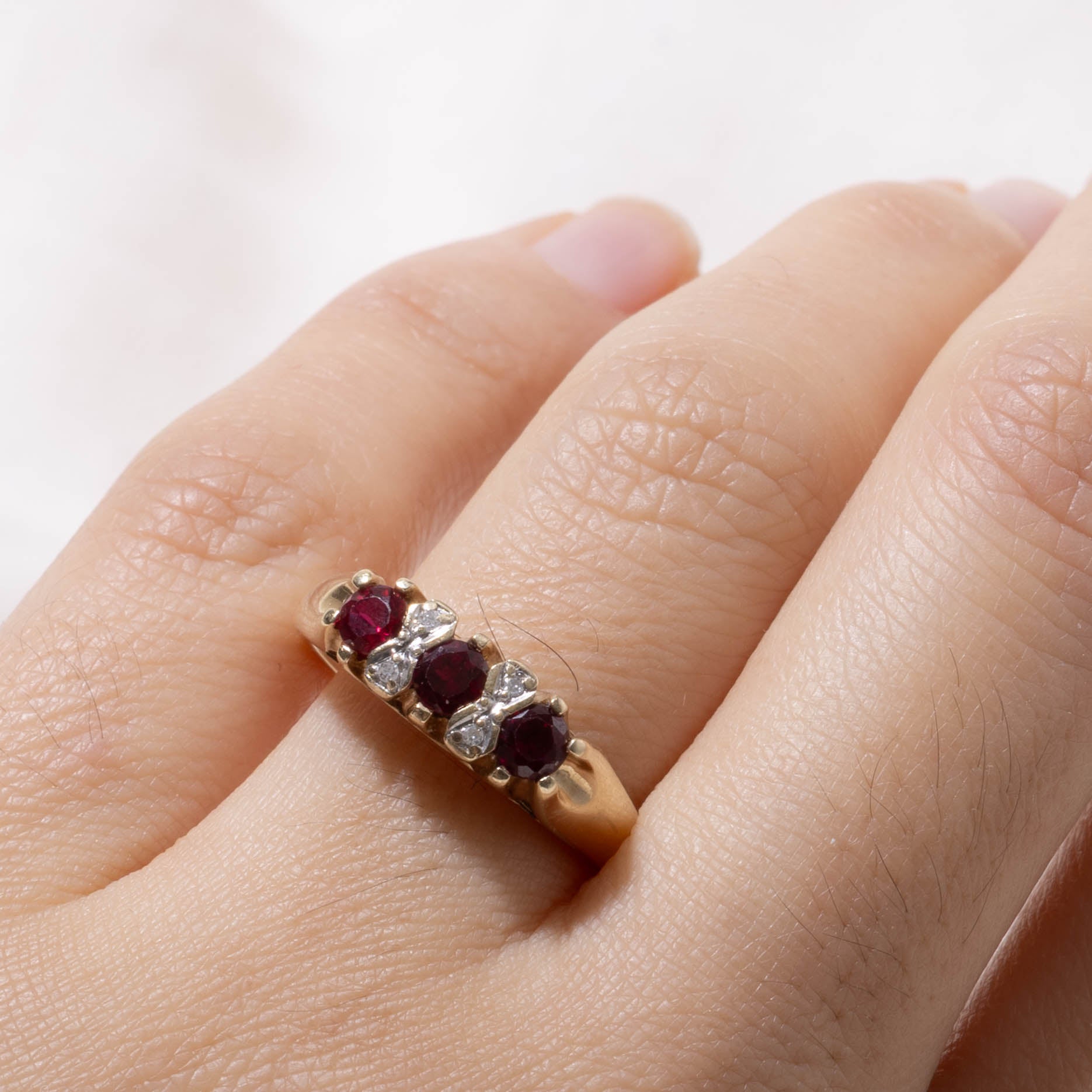 10k Three Stone Synthetic Ruby & Natural Diamond Ring | 0.50ctw, 0.02ctw | SZ 7.75