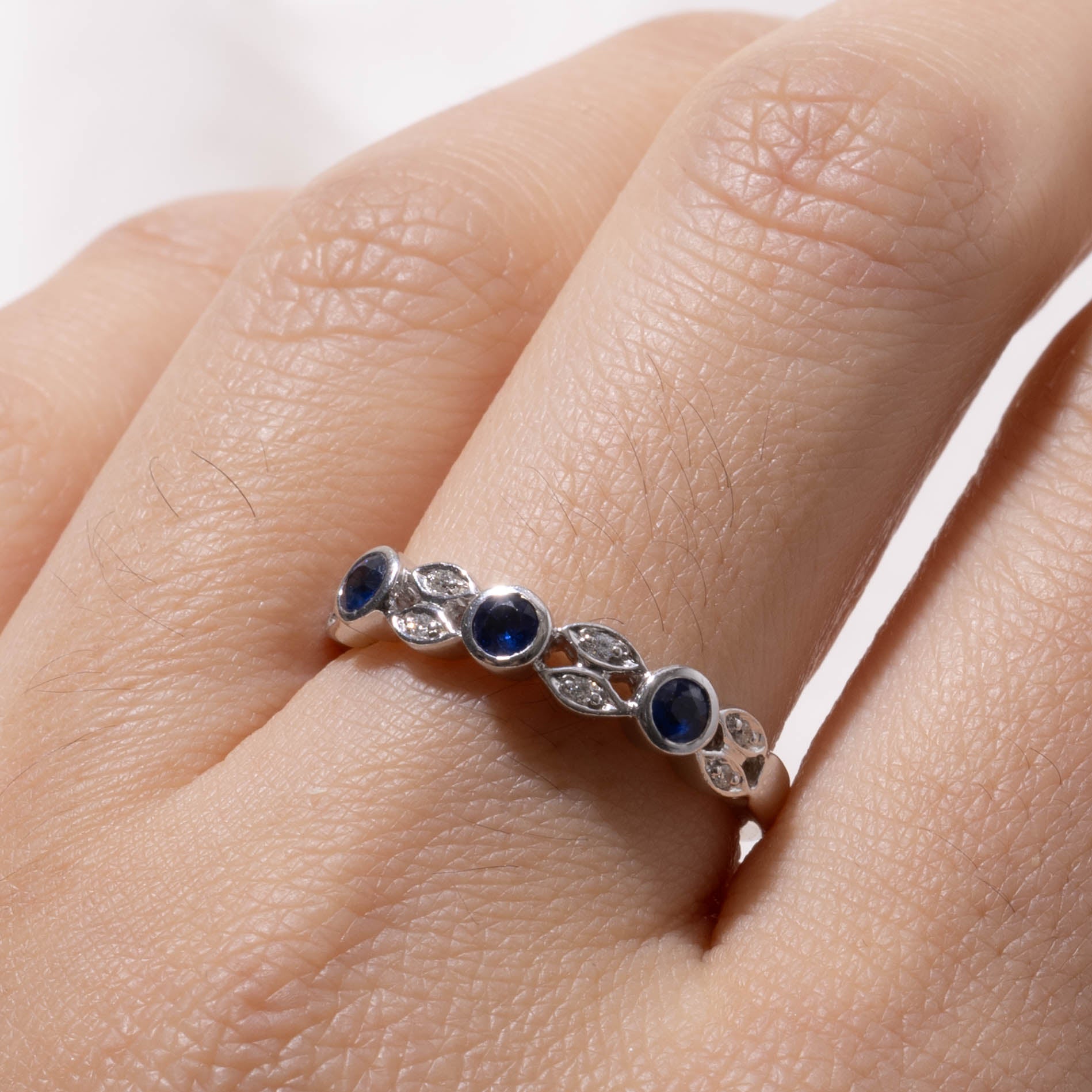 10k Semi Eternity Bezel Set Sapphire & Diamond Ring | 0.21ctw, 0.08ctw | SZ 7.5