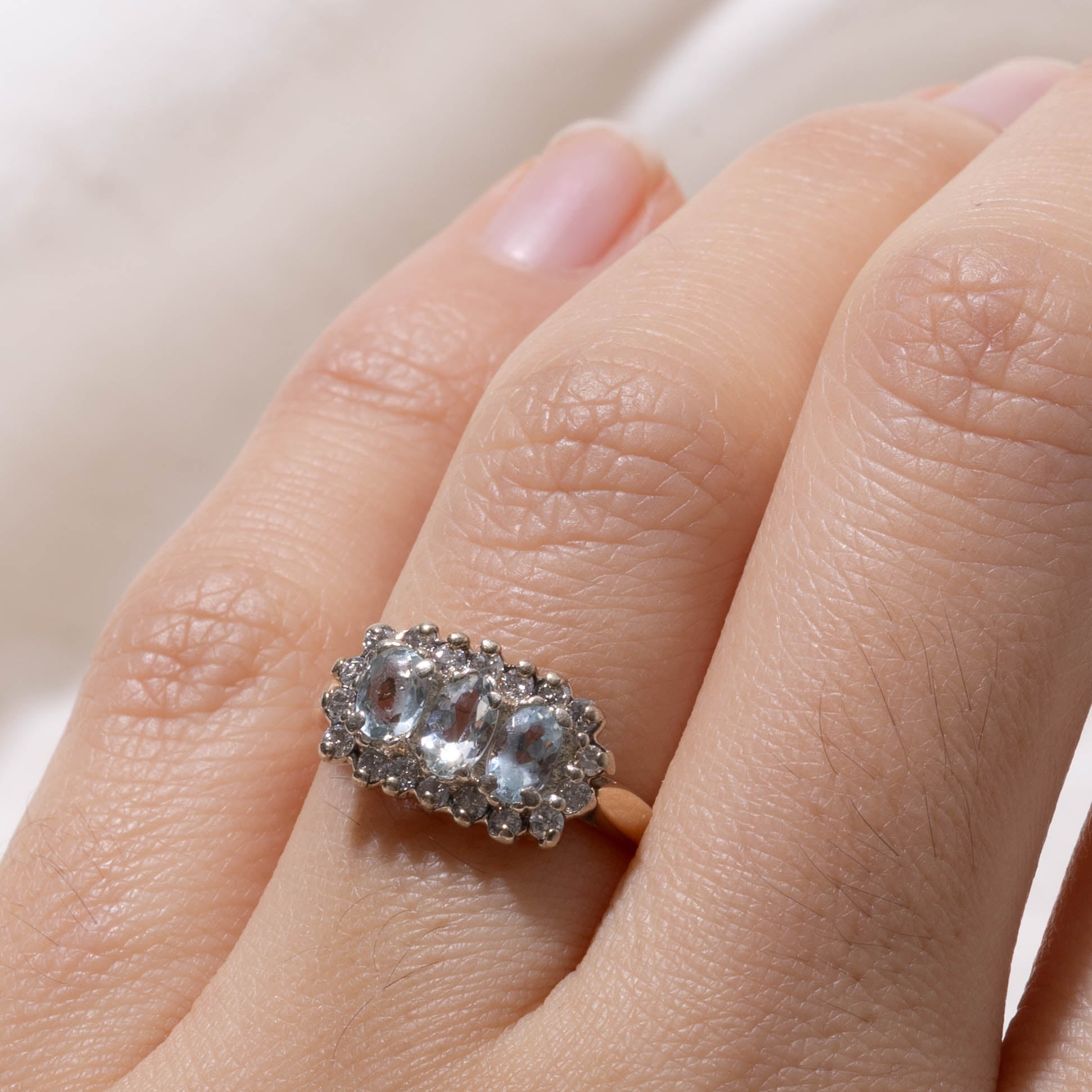 14k Three Stone Aquamarine & Diamond Petal Halo Ring | 0.42ctw, 0.18ctw | SZ 5.5