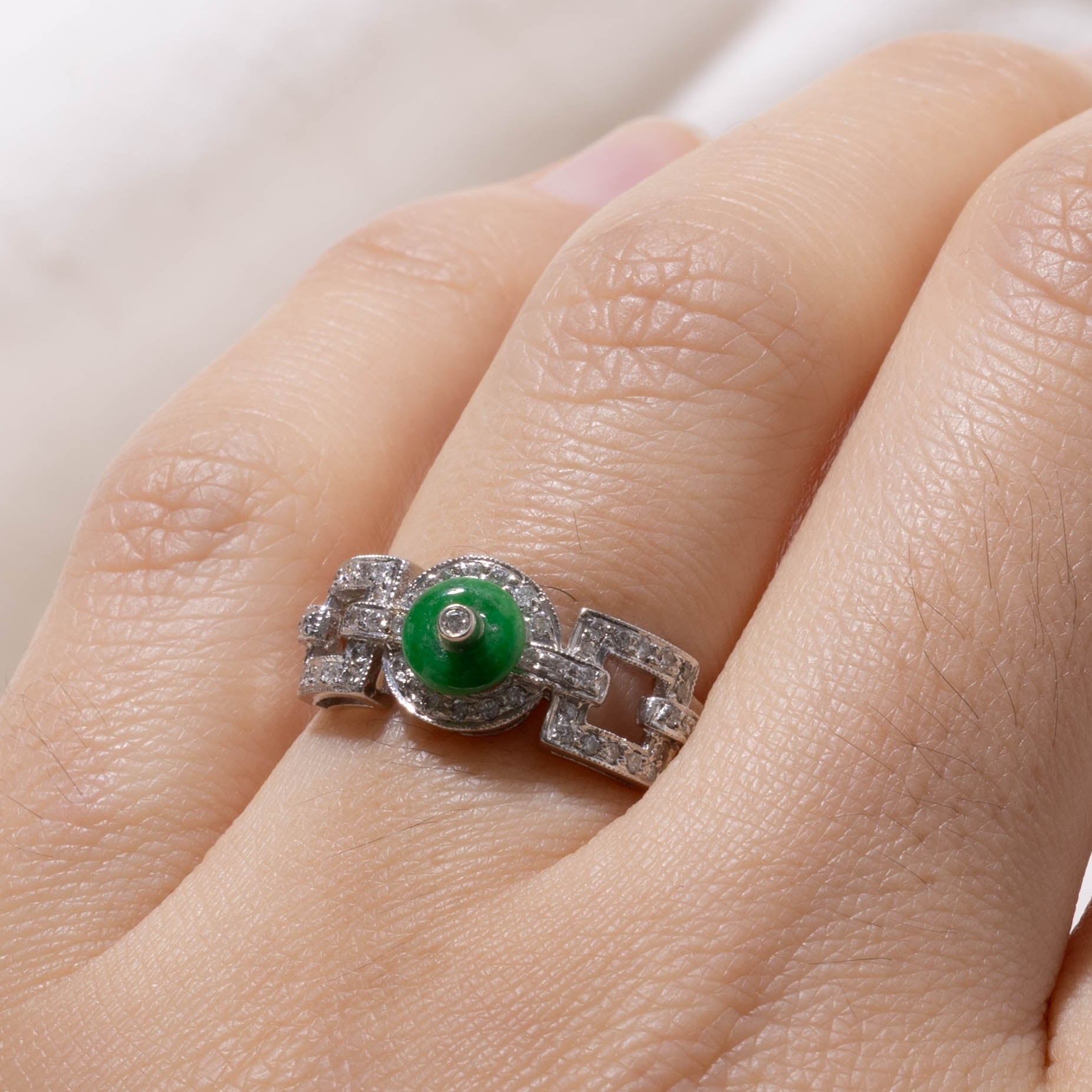 18k Jadeite & Diamond Chain Link Ring | 0.23ct, 0.11ctw | SZ 5.25