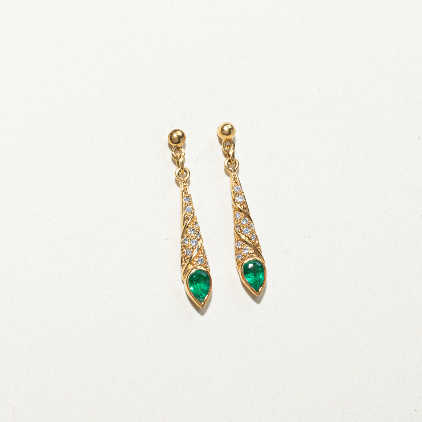 Pear Cut Emerald & Diamond Drop Earrings | 0.40ctw, 0.12ctw