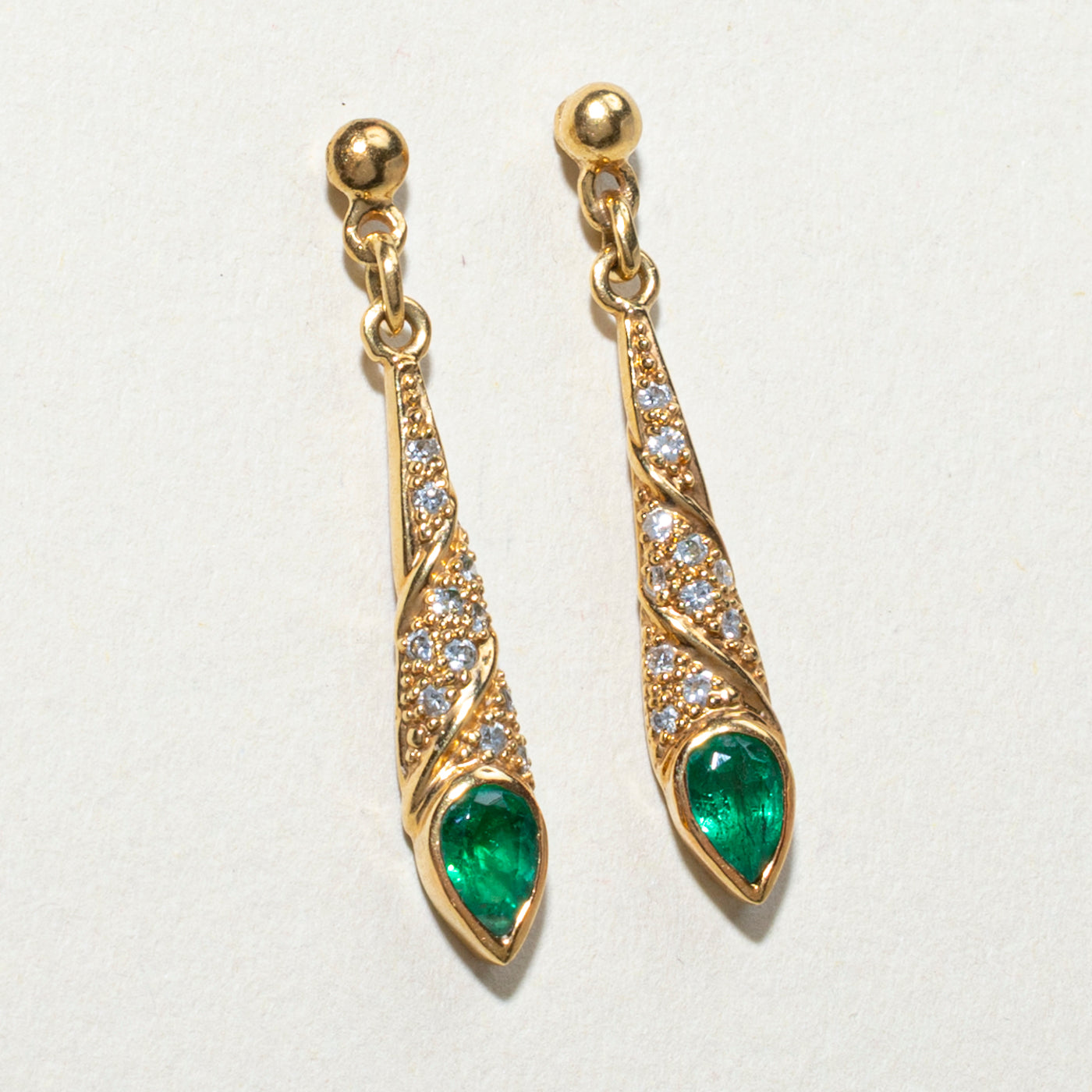 Pear Cut Emerald & Diamond Drop Earrings | 0.40ctw, 0.12ctw
