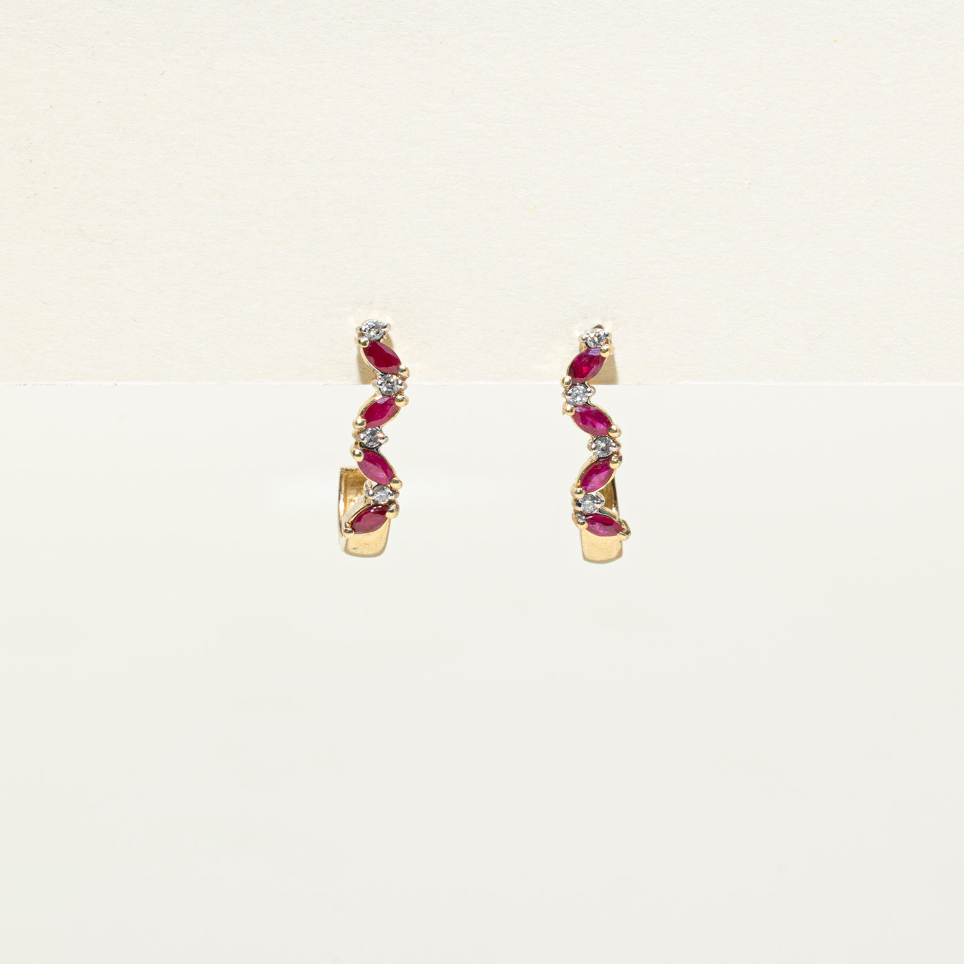 Marquise Cut Ruby & Diamond Half Hoop Earrings | 0.03ctw, 0.08ctw