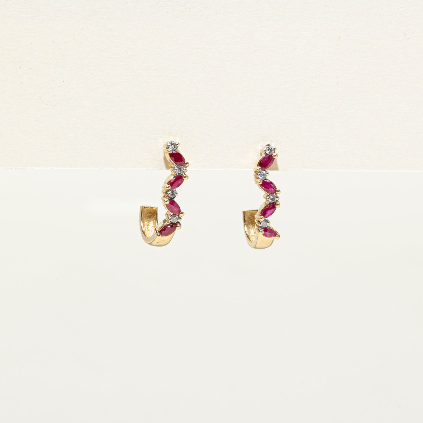 Marquise Cut Ruby & Diamond Half Hoop Earrings | 0.03ctw, 0.08ctw