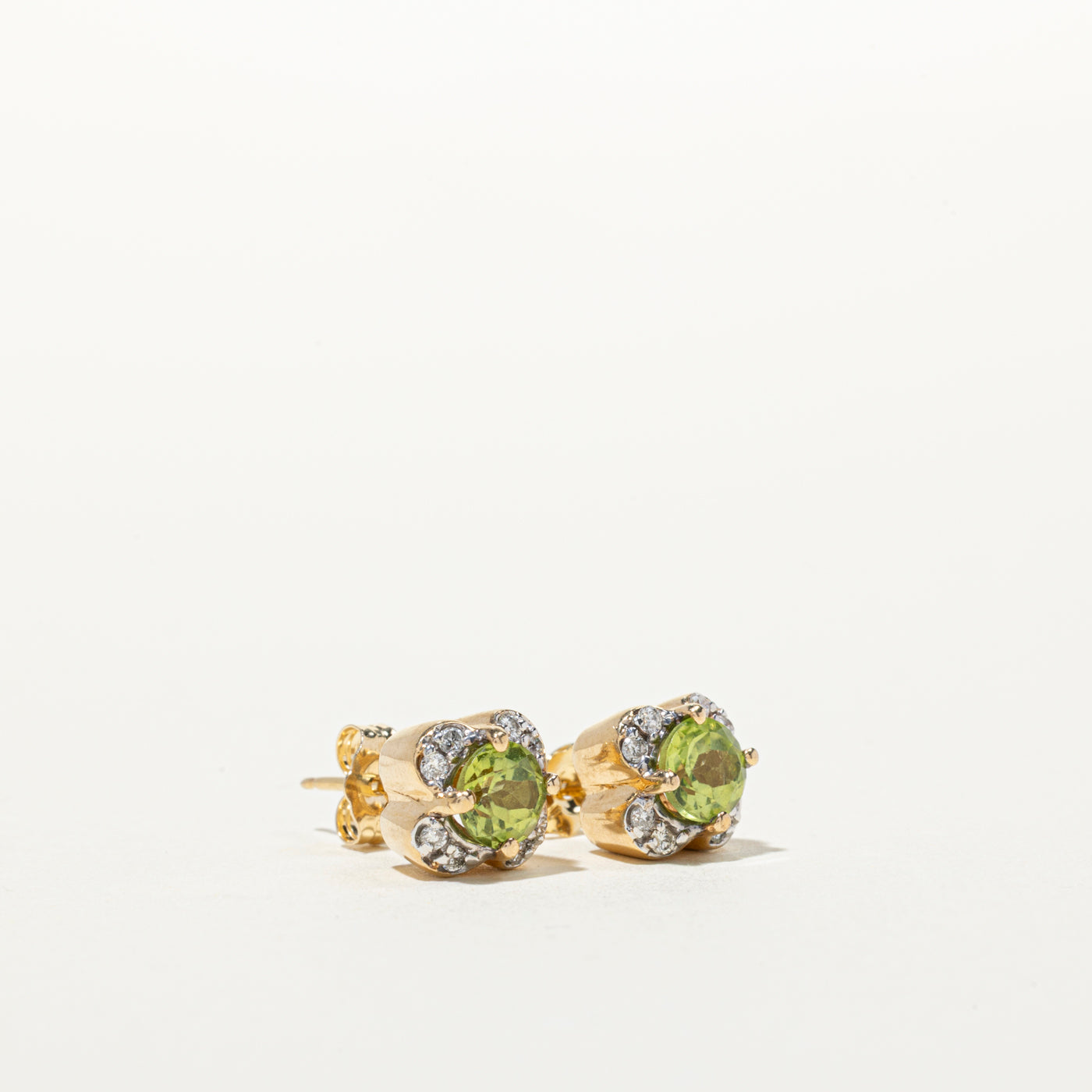 Peridot & Diamond Flower Stud Earrings | 0.90ctw, 0.12ctw