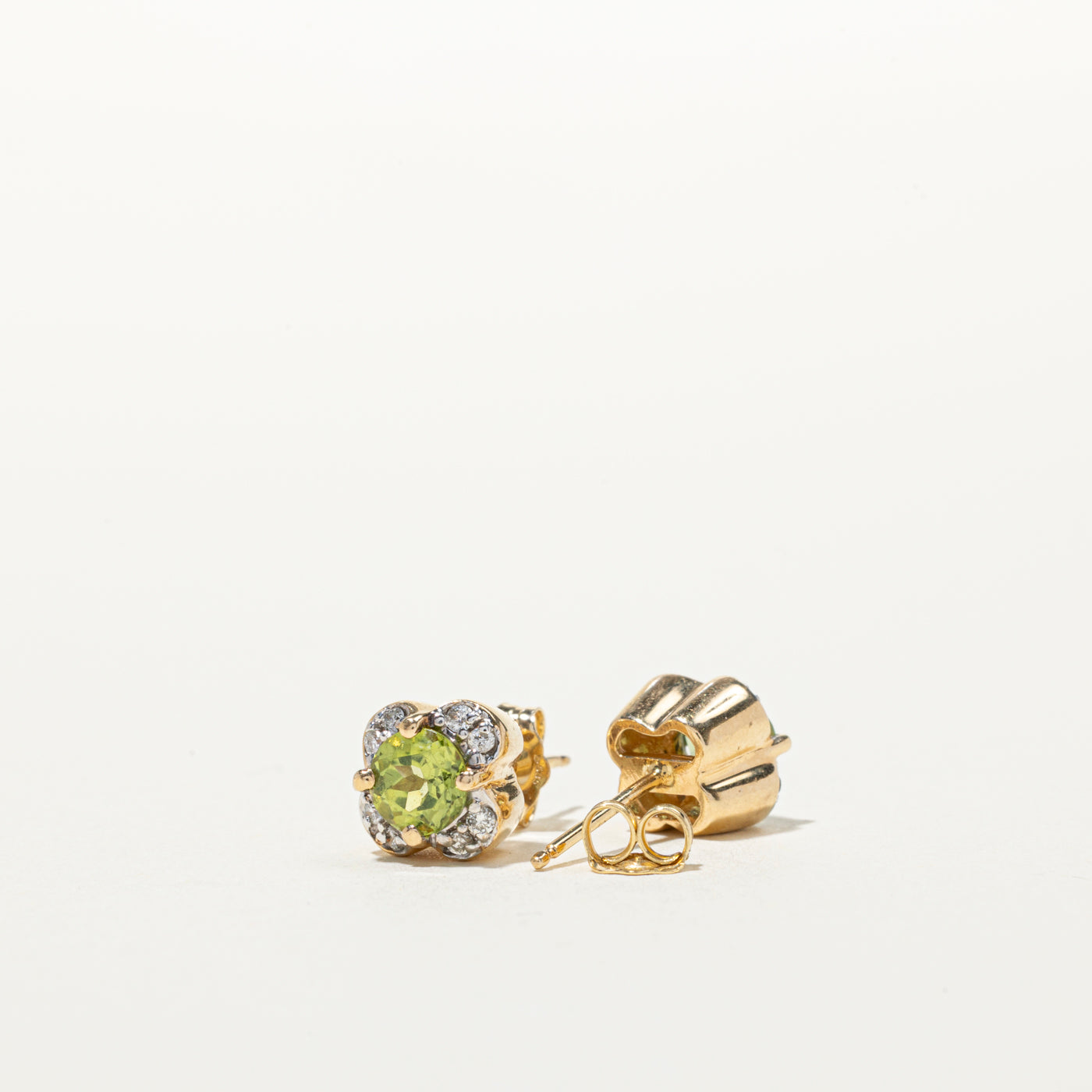 Peridot & Diamond Flower Stud Earrings | 0.90ctw, 0.12ctw