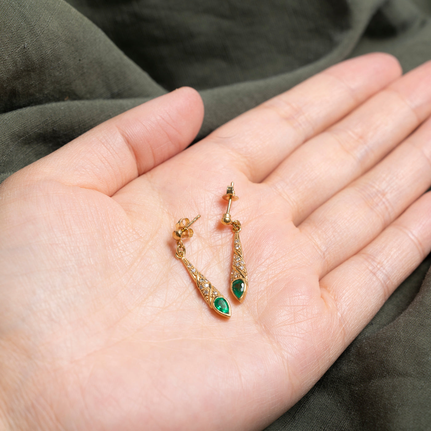 Pear Cut Emerald & Diamond Drop Earrings | 0.40ctw, 0.12ctw