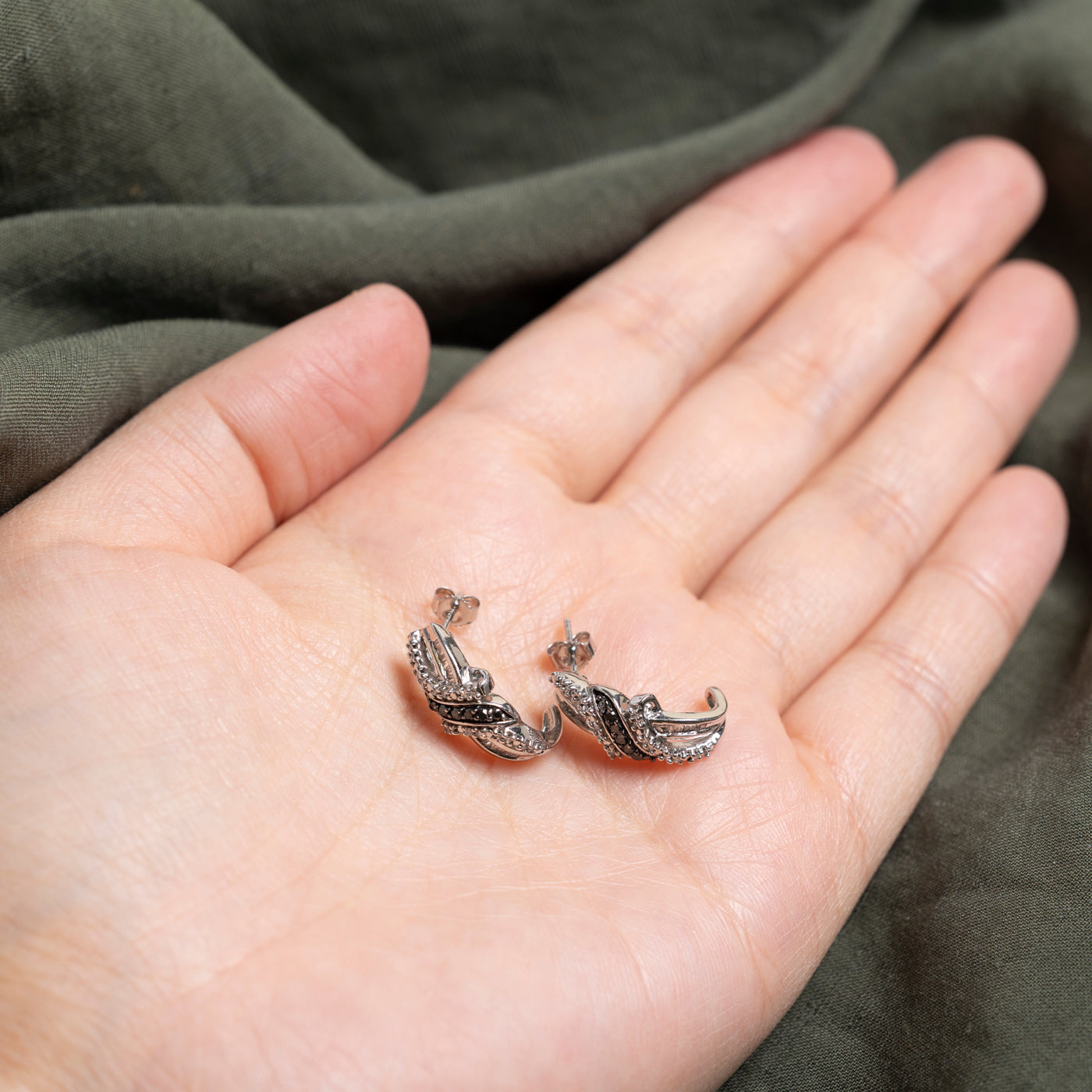 Black & White Diamond Cross Over Half Huggie Earrings | 0.50ctw