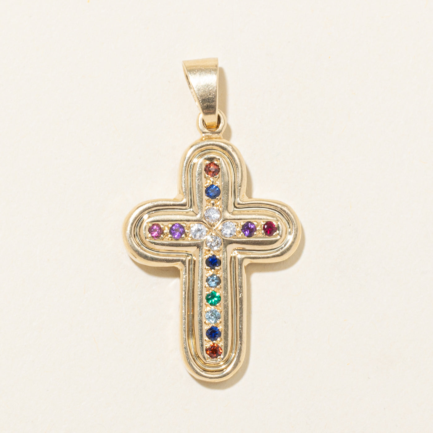 14k Multi Gemstone Grooved Cross Pendant | 0.36ctw, 0.16ctw