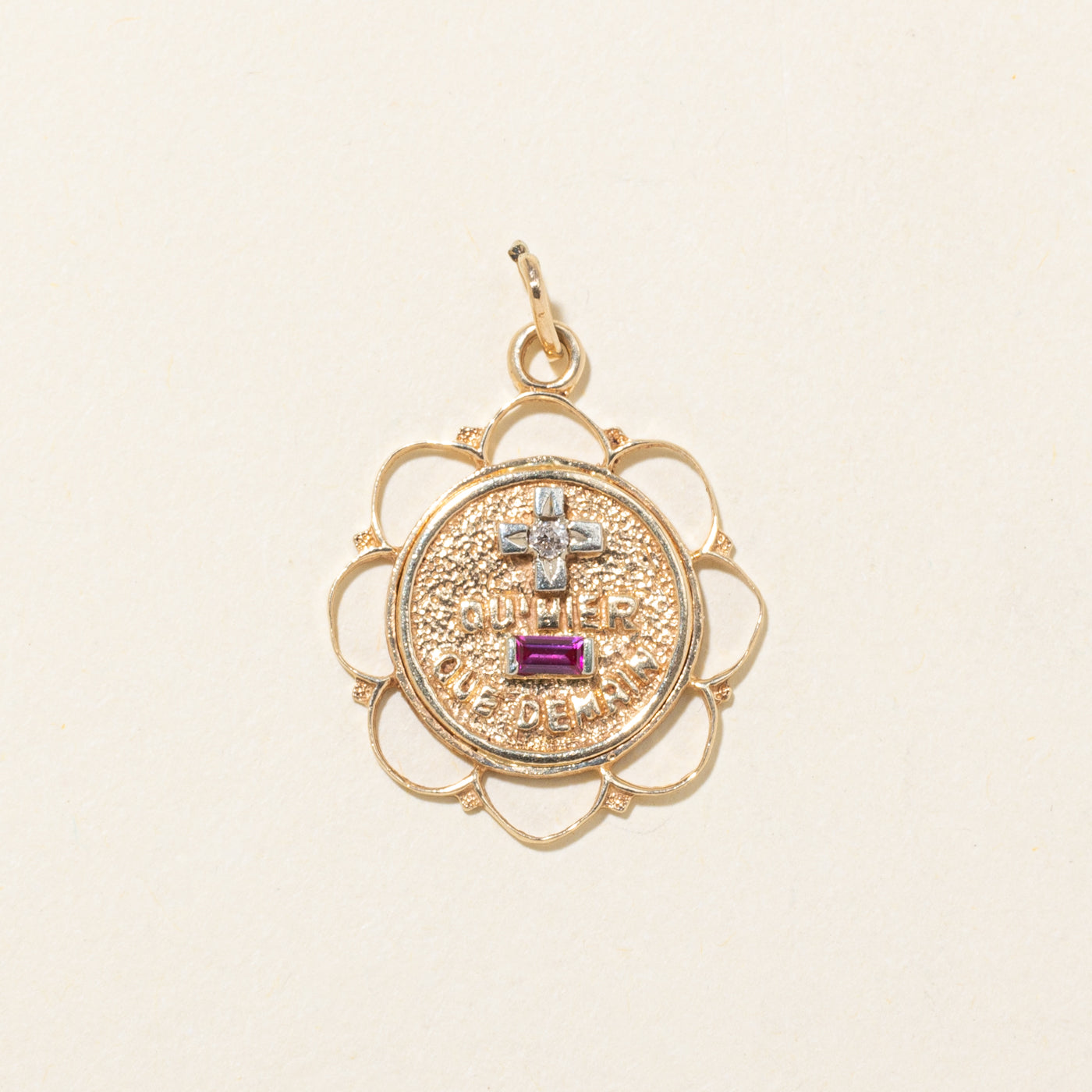 14k Synthetic Ruby & Natural Diamond French Augis Love Pendant | 0.10ct, 0.04ct