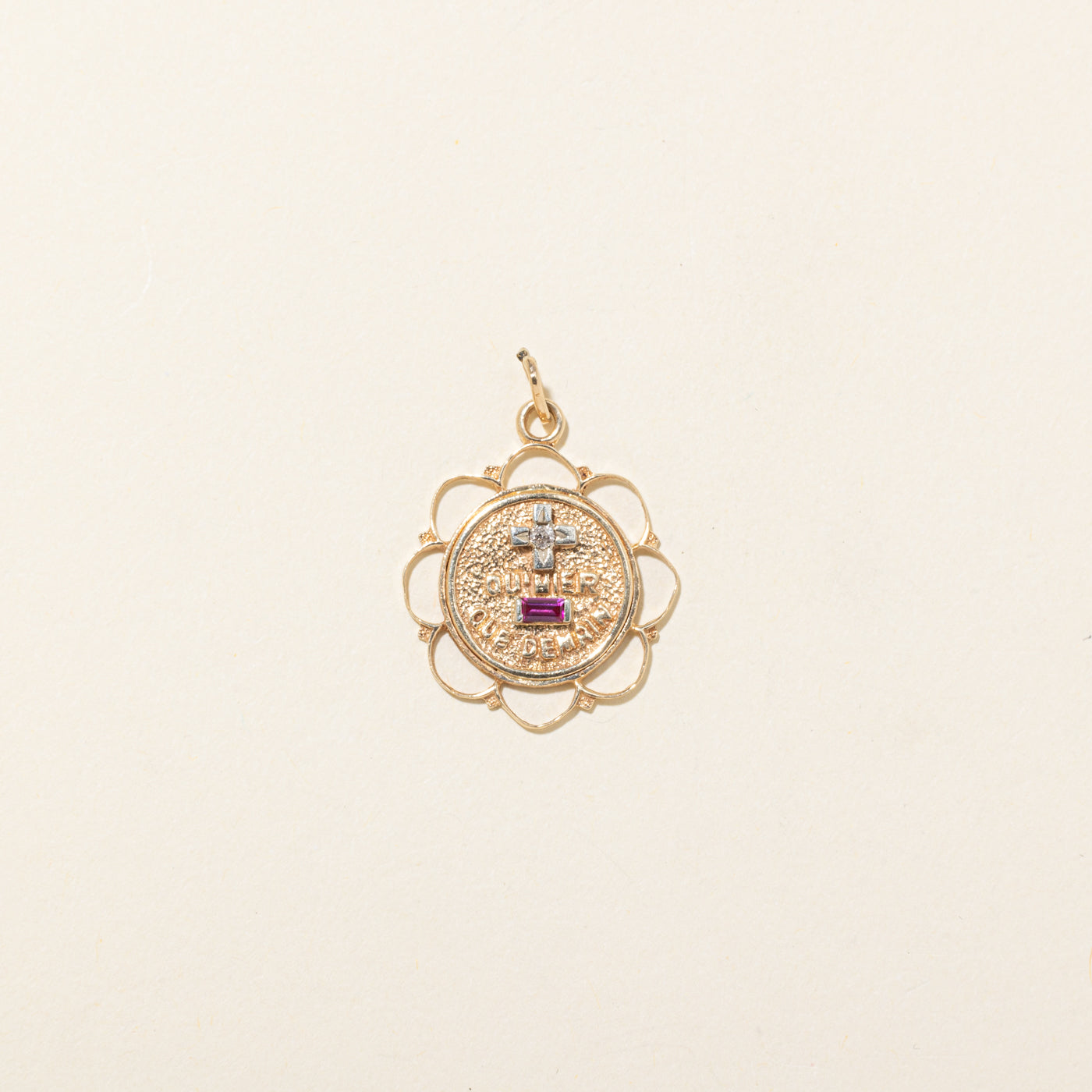 14k Synthetic Ruby & Natural Diamond French Augis Love Pendant | 0.10ct, 0.04ct