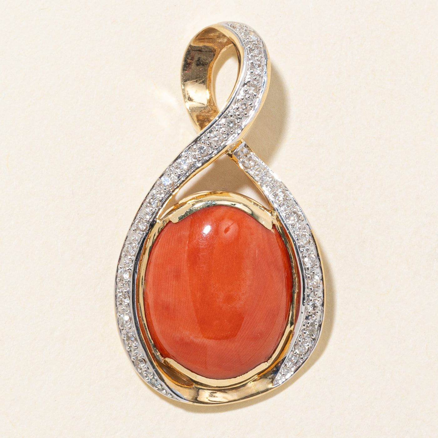 Edinburgh 14k Cabochon Coral & Diamond Crossover Pendant | 15.00ct, 0.30ctw