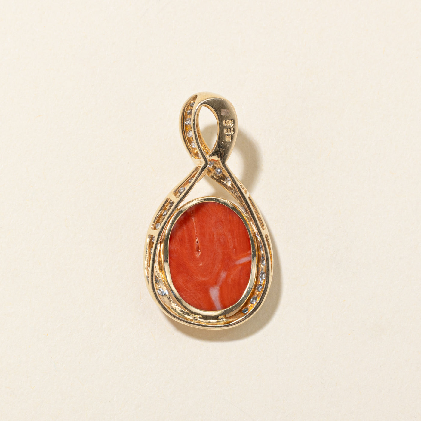 Edinburgh 14k Cabochon Coral & Diamond Crossover Pendant | 15.00ct, 0.30ctw