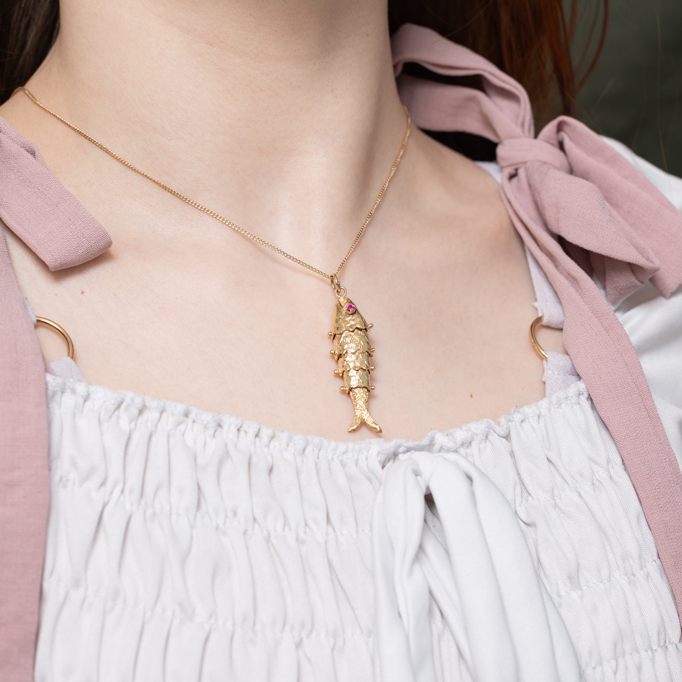 10k Synthetic Ruby Articulated Fish Pendant | 0.10ctw