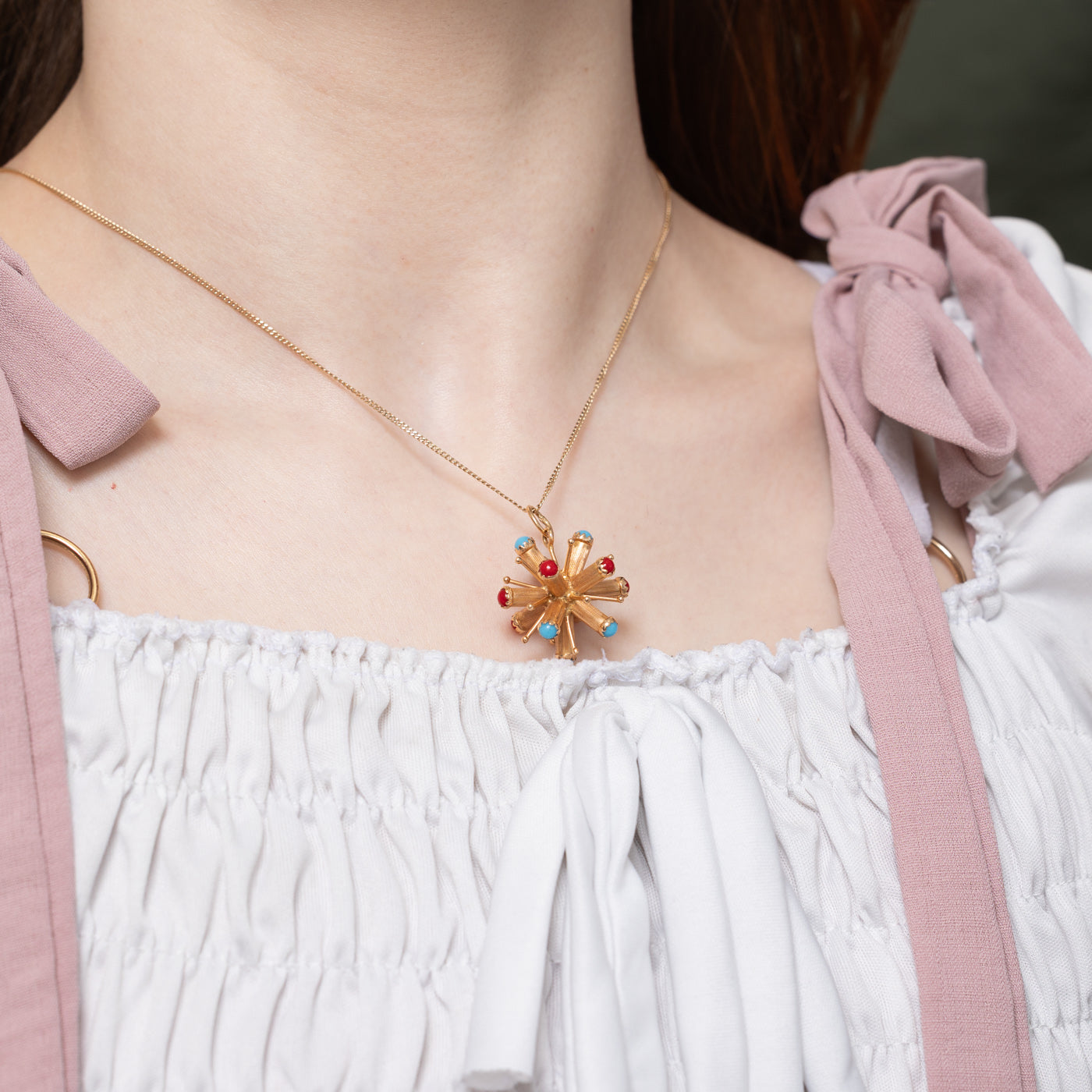 18k Turquoise & Coral Sputnik Pendant | 0.90ctw