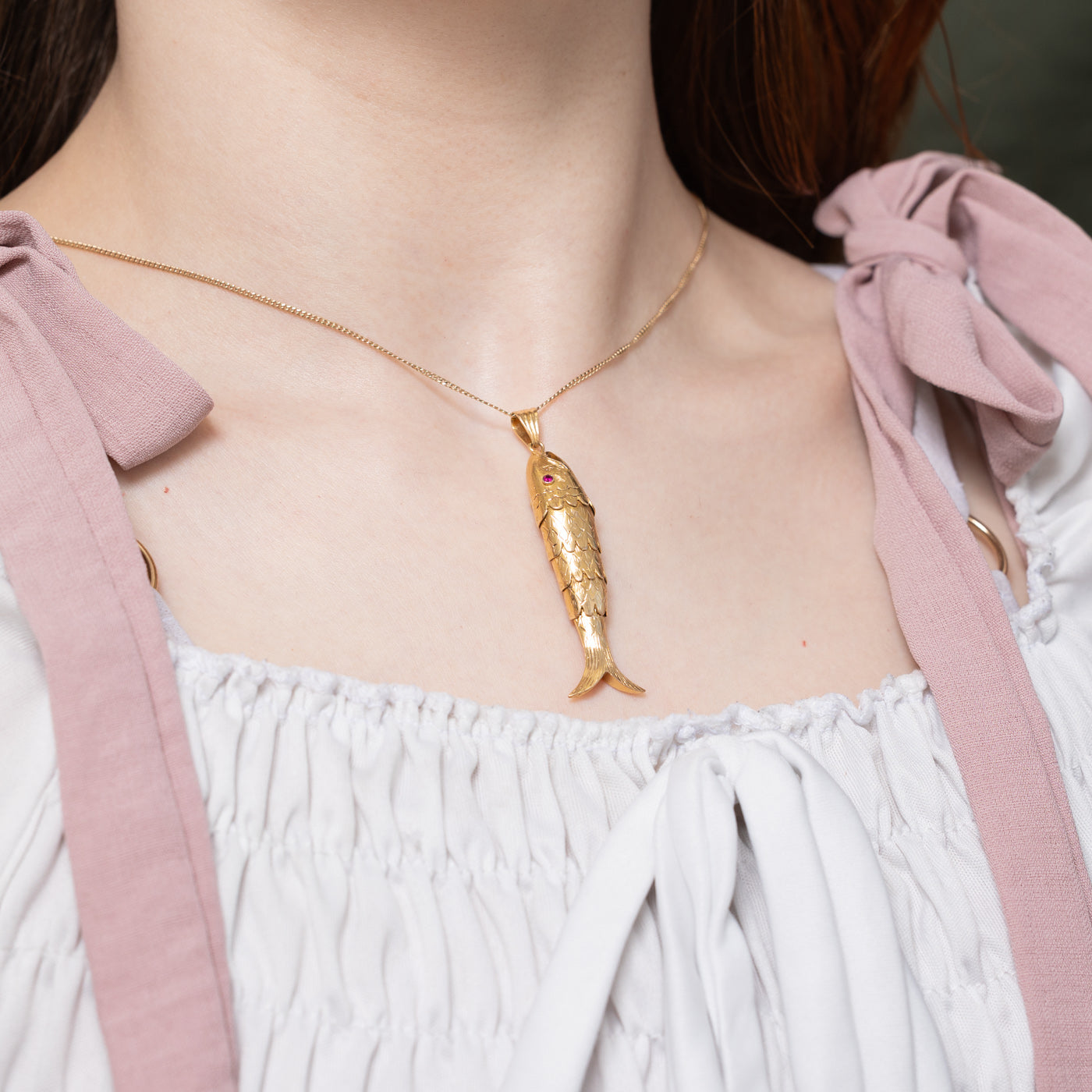 18k Synthetic Ruby Articulated Fish Pendant | 0.04ctw