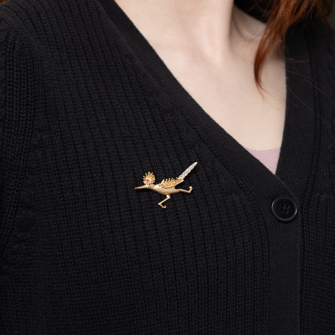 14k Diamond & Synthetic Ruby Textured Bird Brooch | 0.11ct, 0.04ct