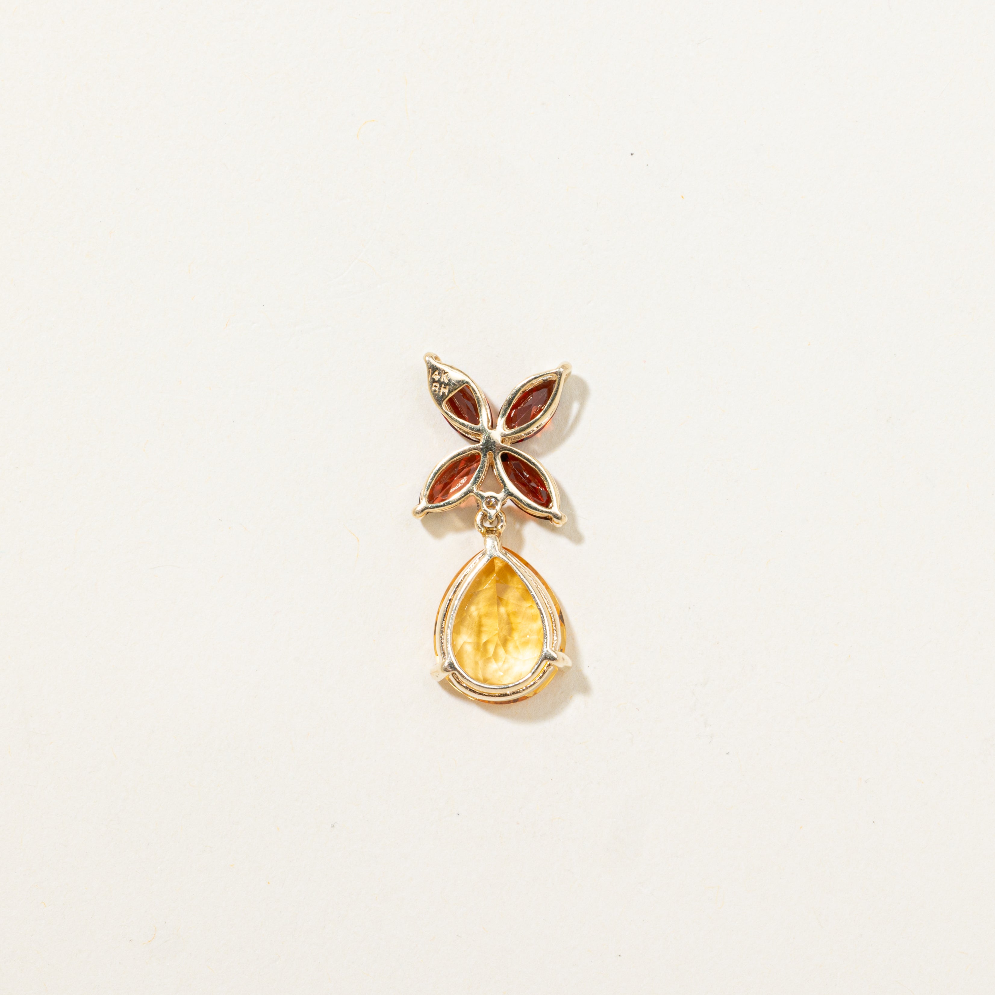 Garnet & Pear Cut Citrine Floral Drop Pendant | 3.60ct, 1.60ctw