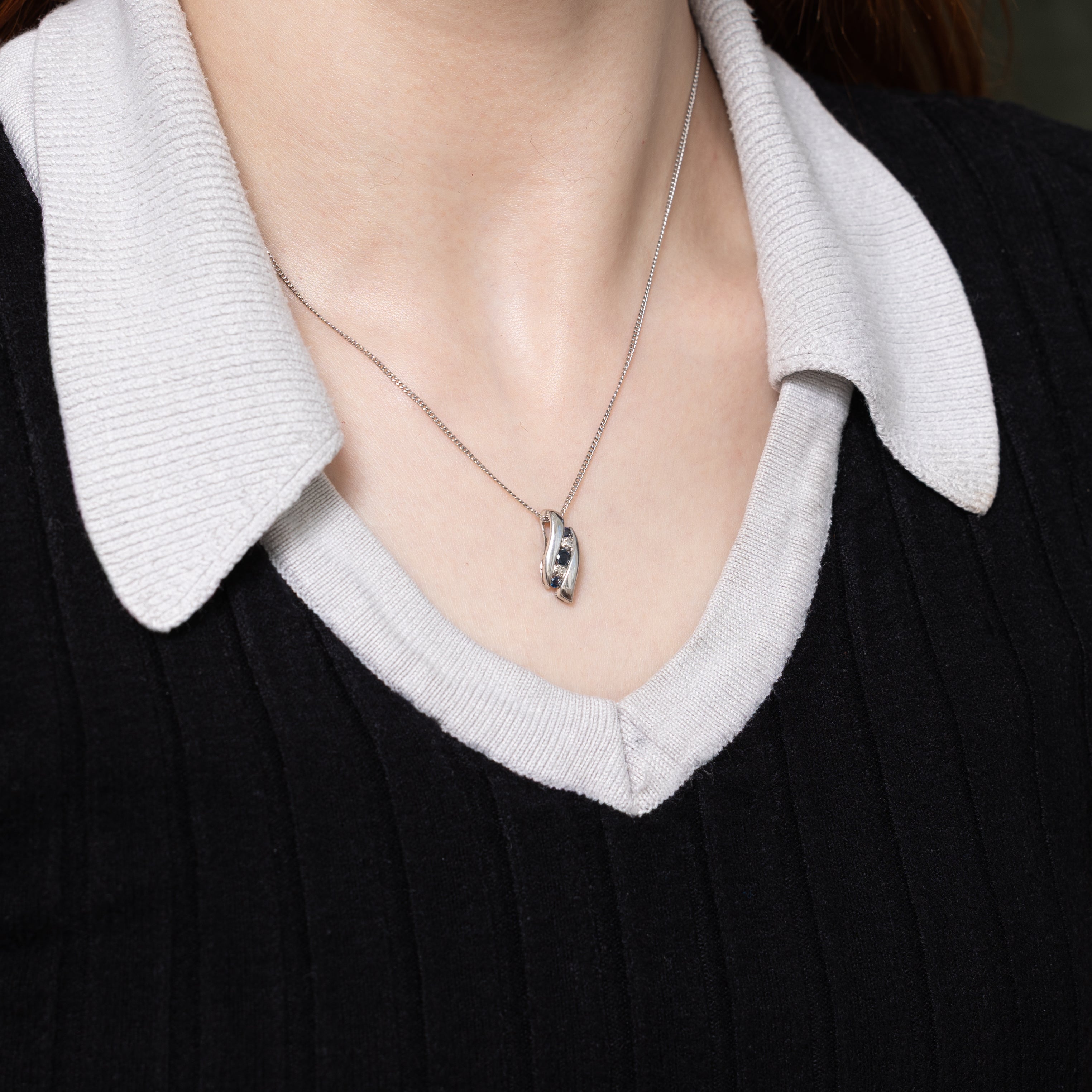 White Gold Sapphire & Diamond Pendant | 0.07ctw, 0.01ctw