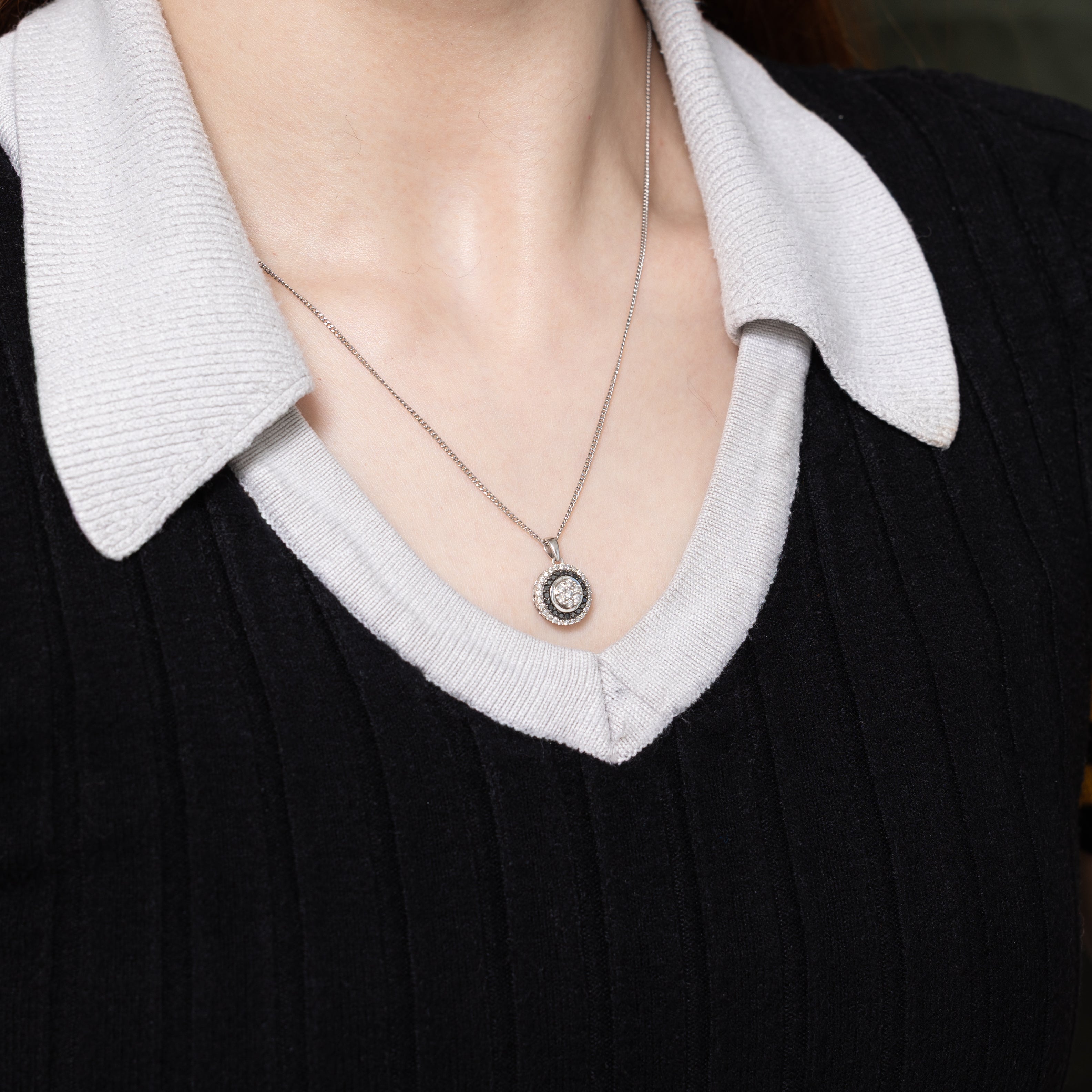 White Gold Black Diamond Halo Cluster Pendant | 0.13ct