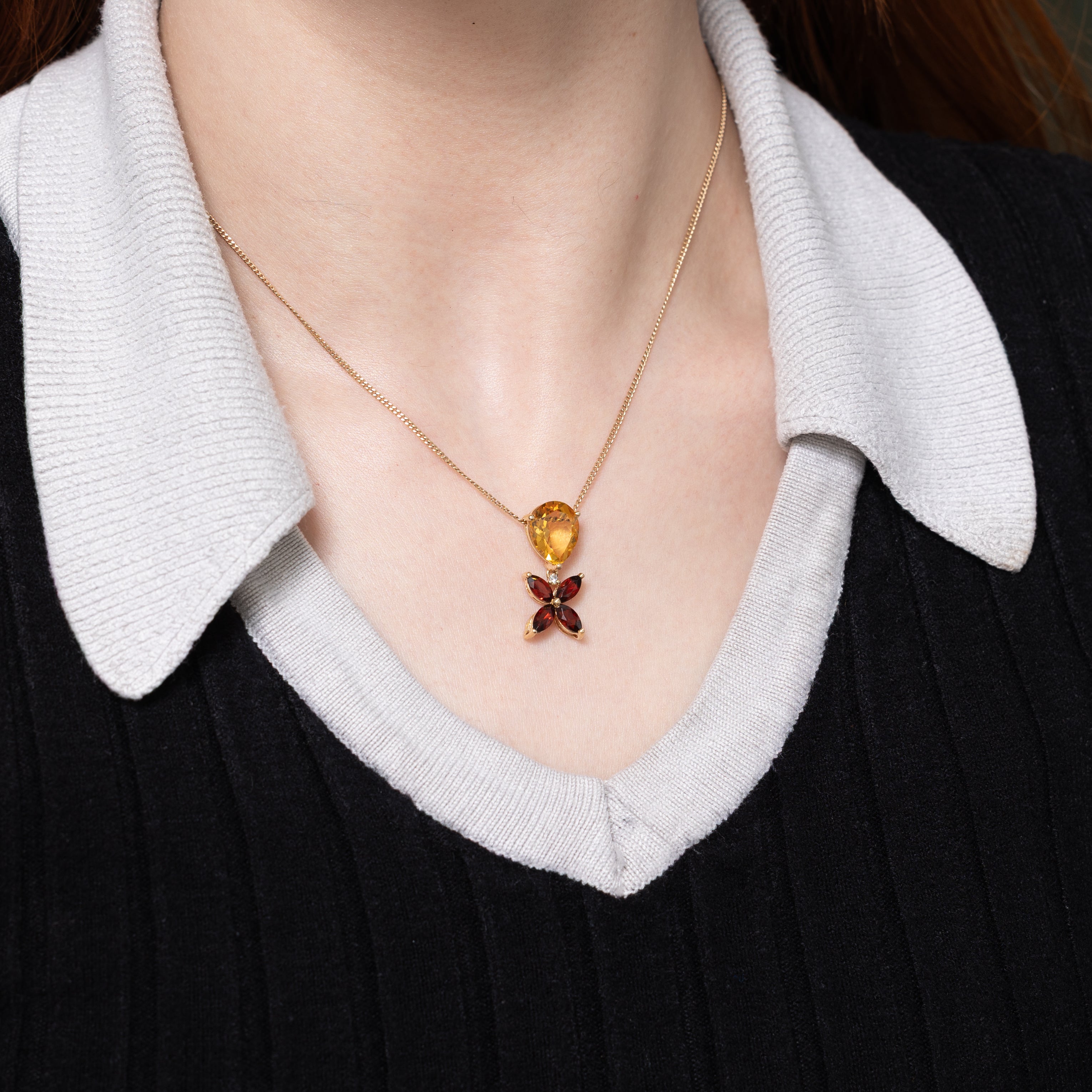 Garnet & Pear Cut Citrine Floral Drop Pendant | 3.60ct, 1.60ctw