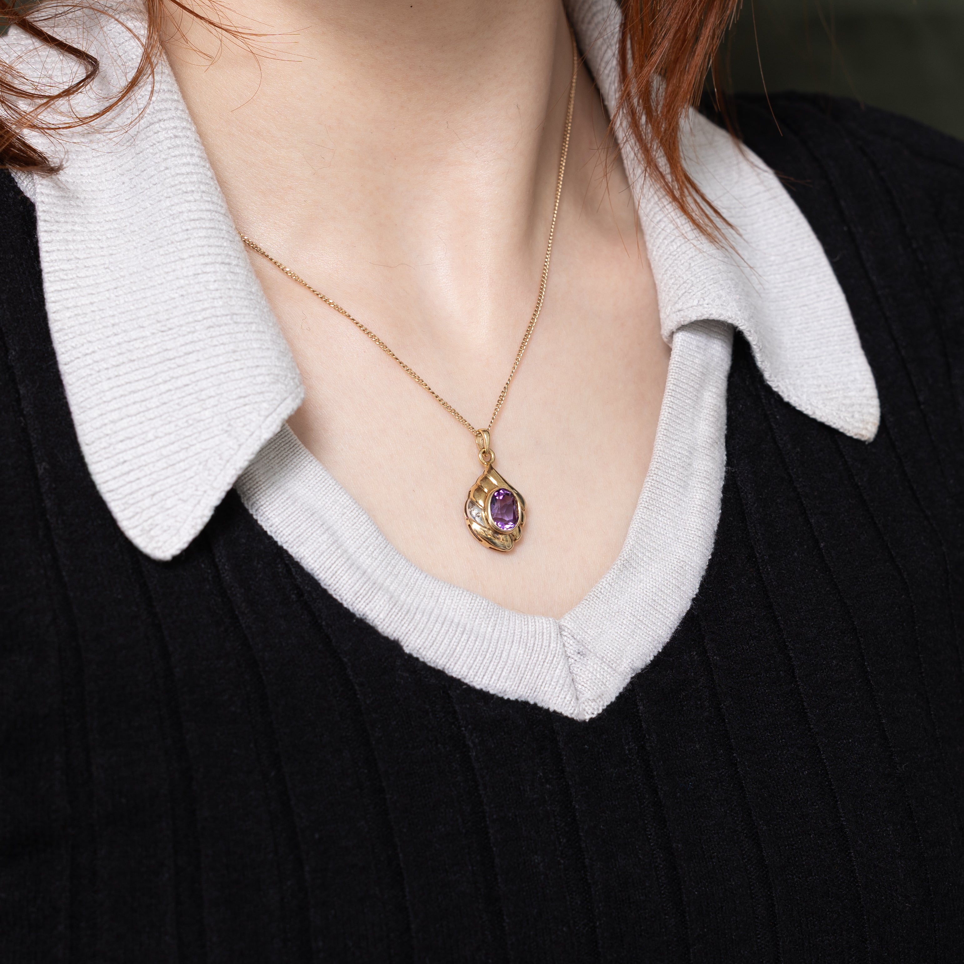 Oval Cut Amethyst & Diamond Grooved Pendant | 1.67ct, 0.002ct