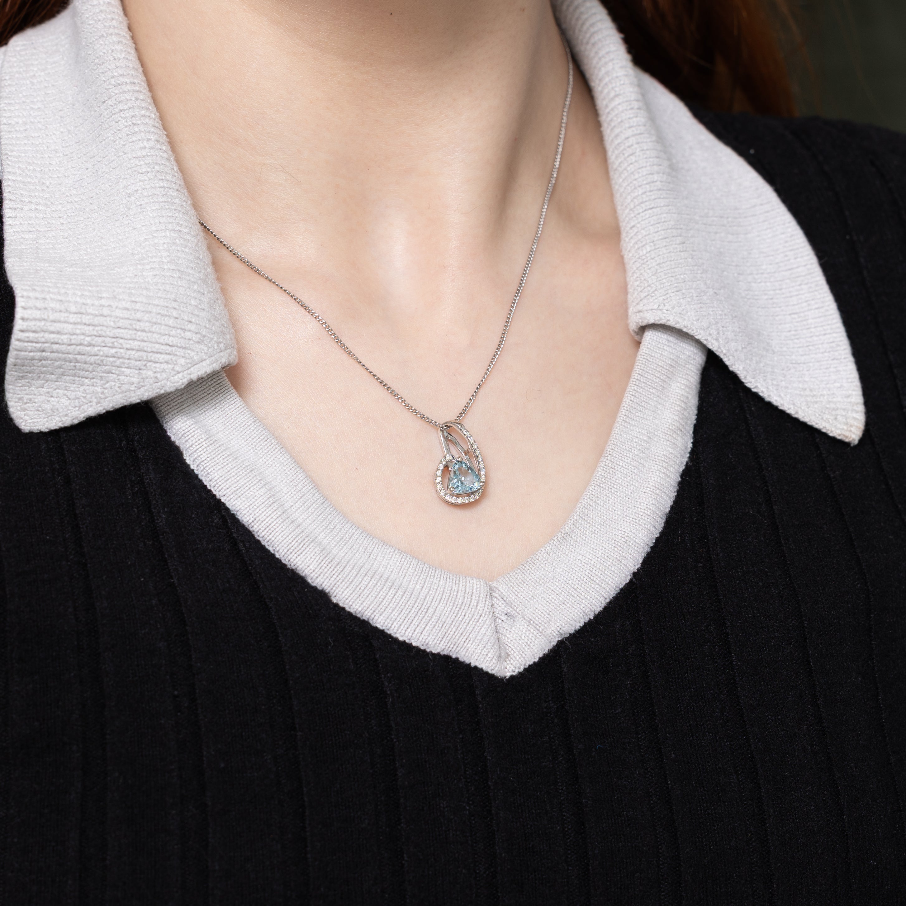 Trillion Cut Aquamarine & Diamond Drop Pendant | 1.12ct, 0.12ctw