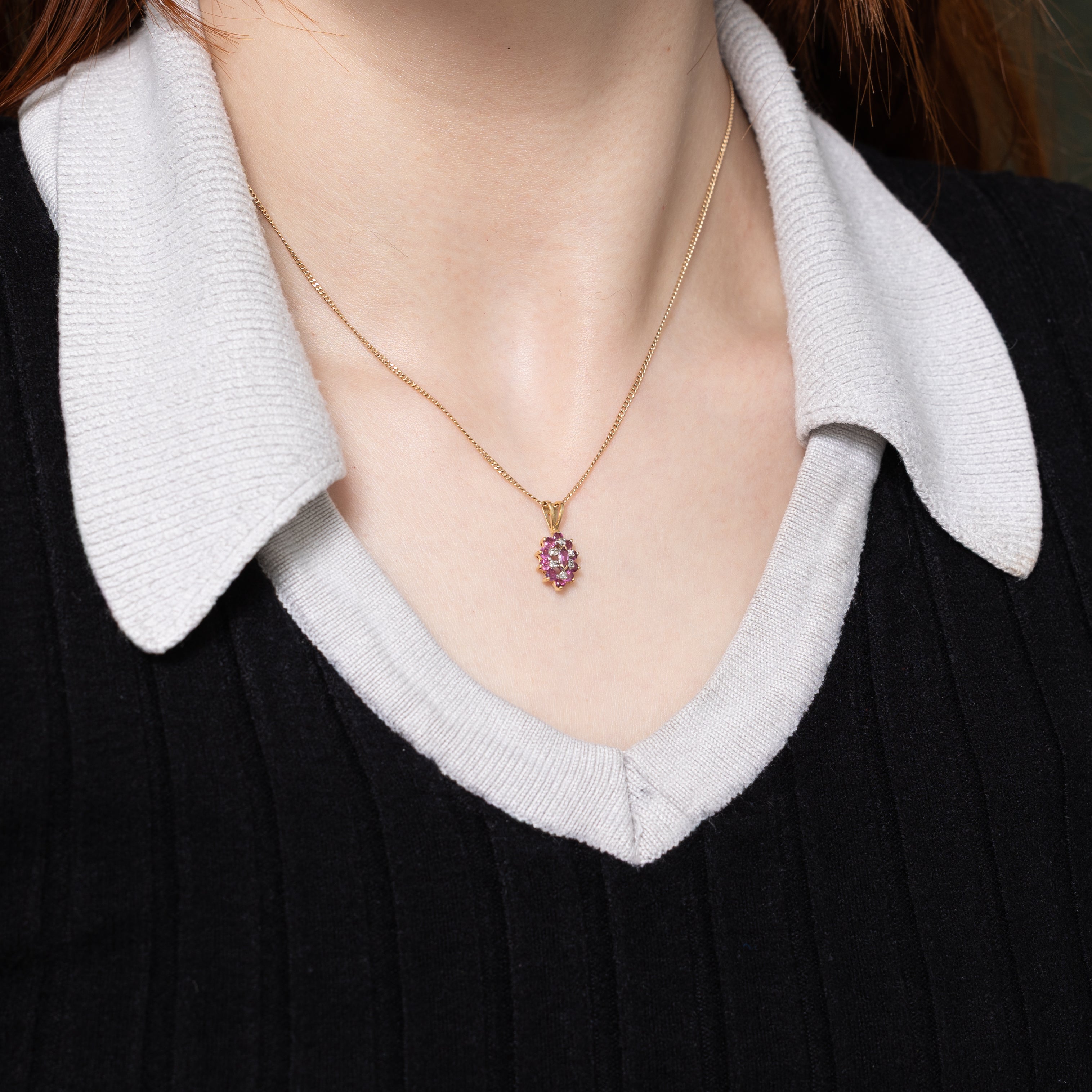 Ruby & Diamond Marquise Cluster Pendant | 0.38ctw, 0.03ctw