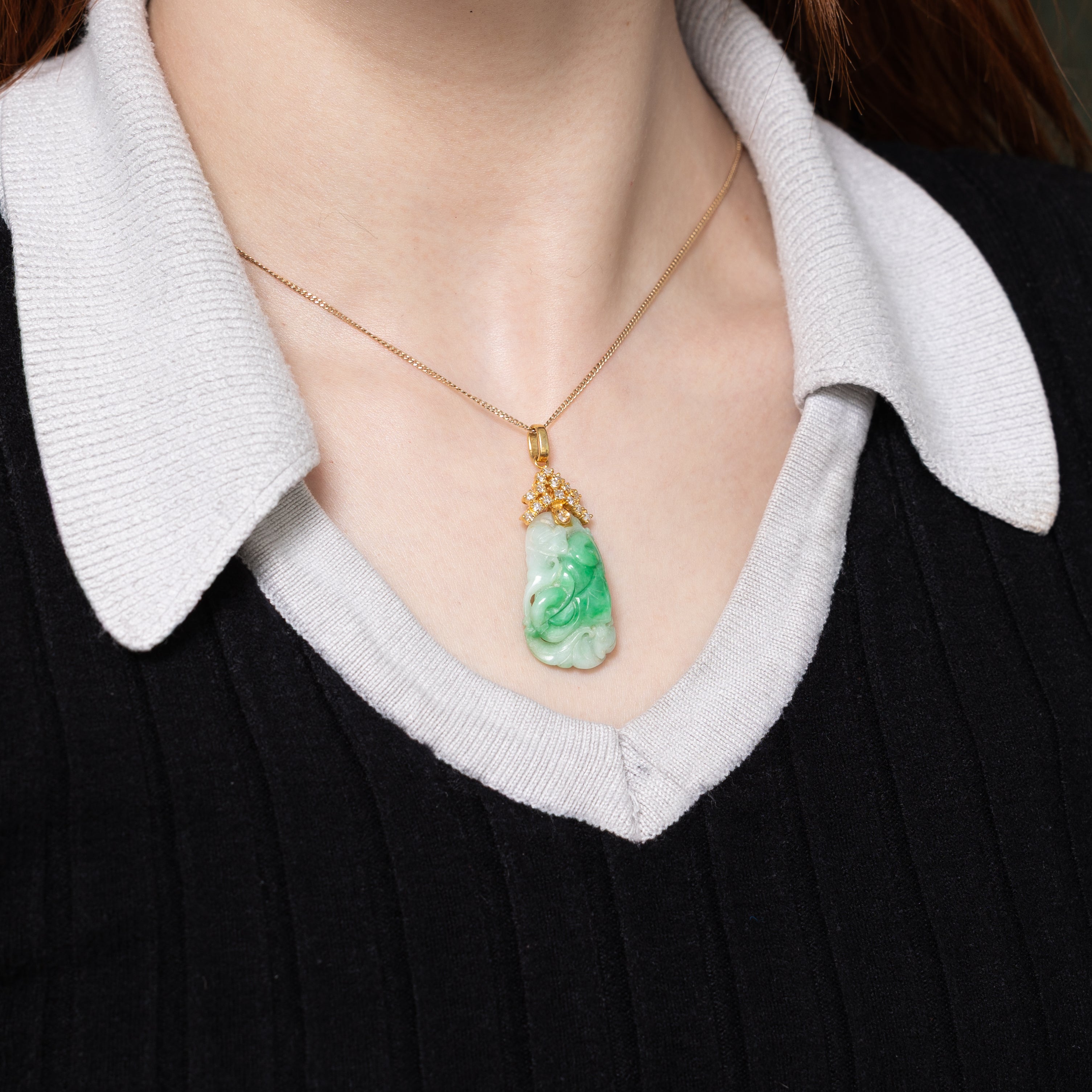 18k Carved Jadeite & Diamond Pendant | 28.00ct, 0.24ctw