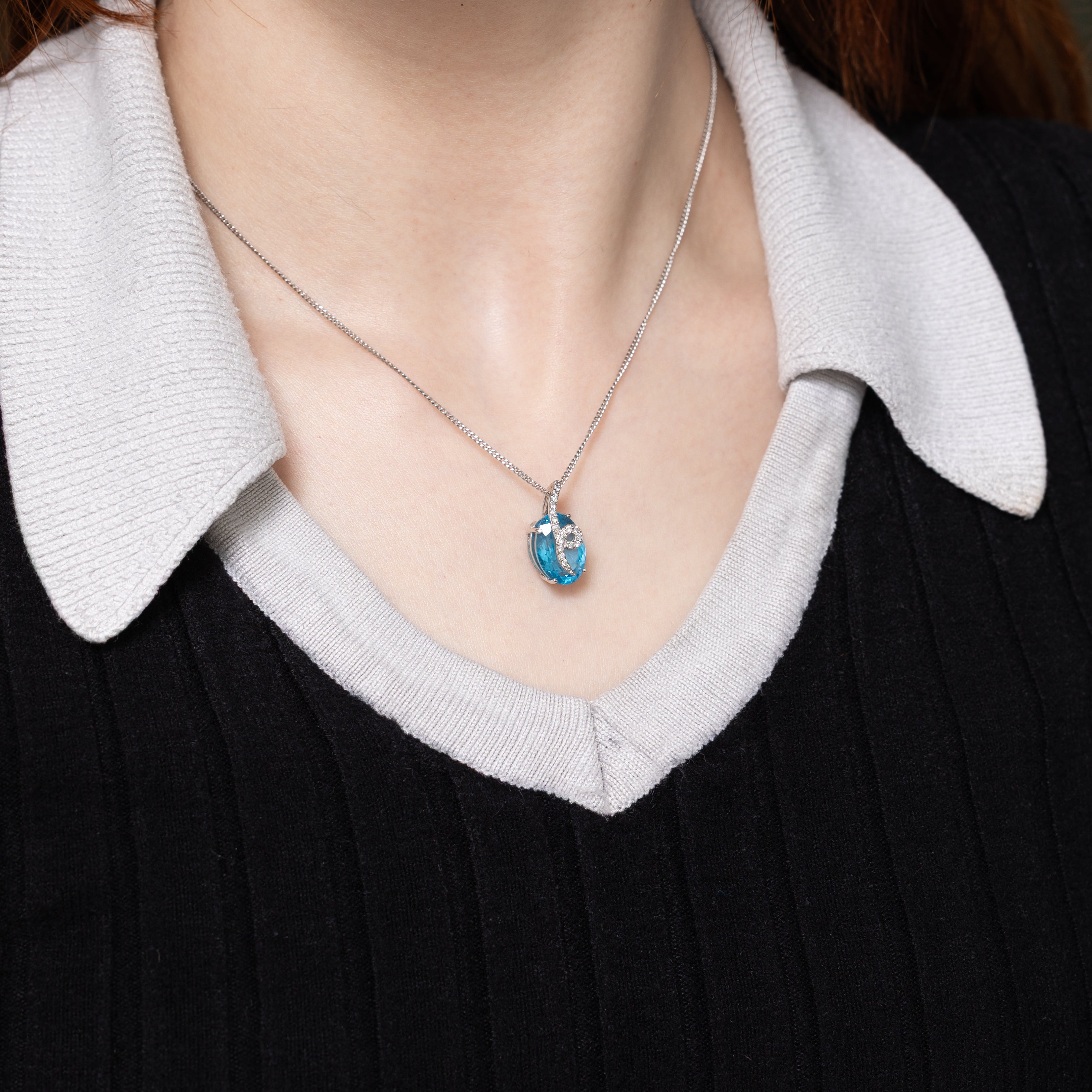 18k Oval Cut Blue Topaz & Diamond Accented Pendant | 6.20ct, 0.09ctw
