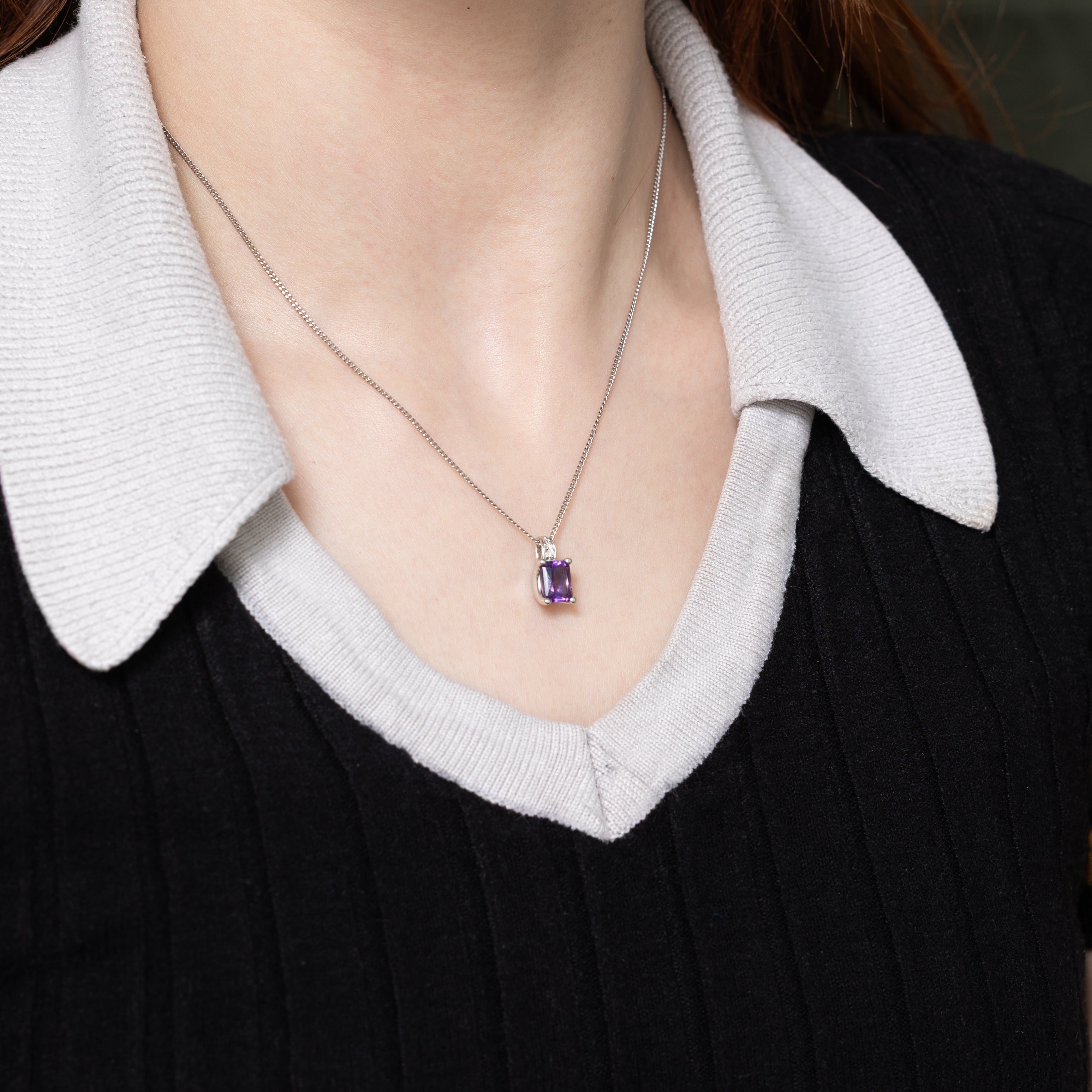 18k Radiant Cut Amethyst & Diamond Pendant | 1.43ct, 0.03ctw