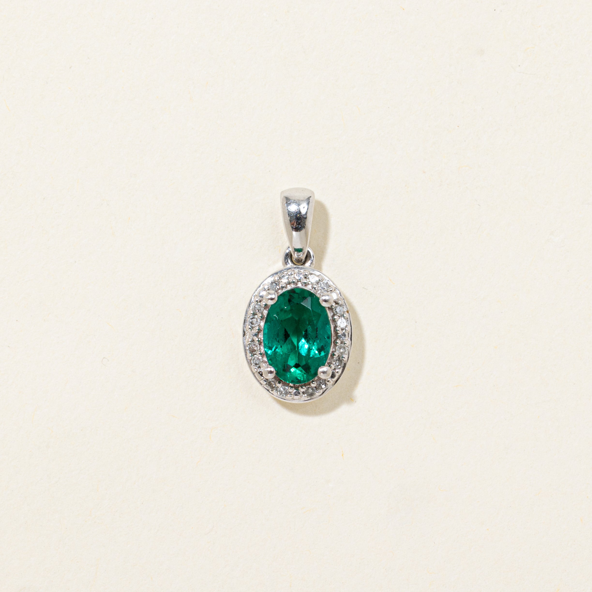 Oval Cut Synthetic Emerald & Diamond Halo Pendant | 0.47ct, 0.03ctw