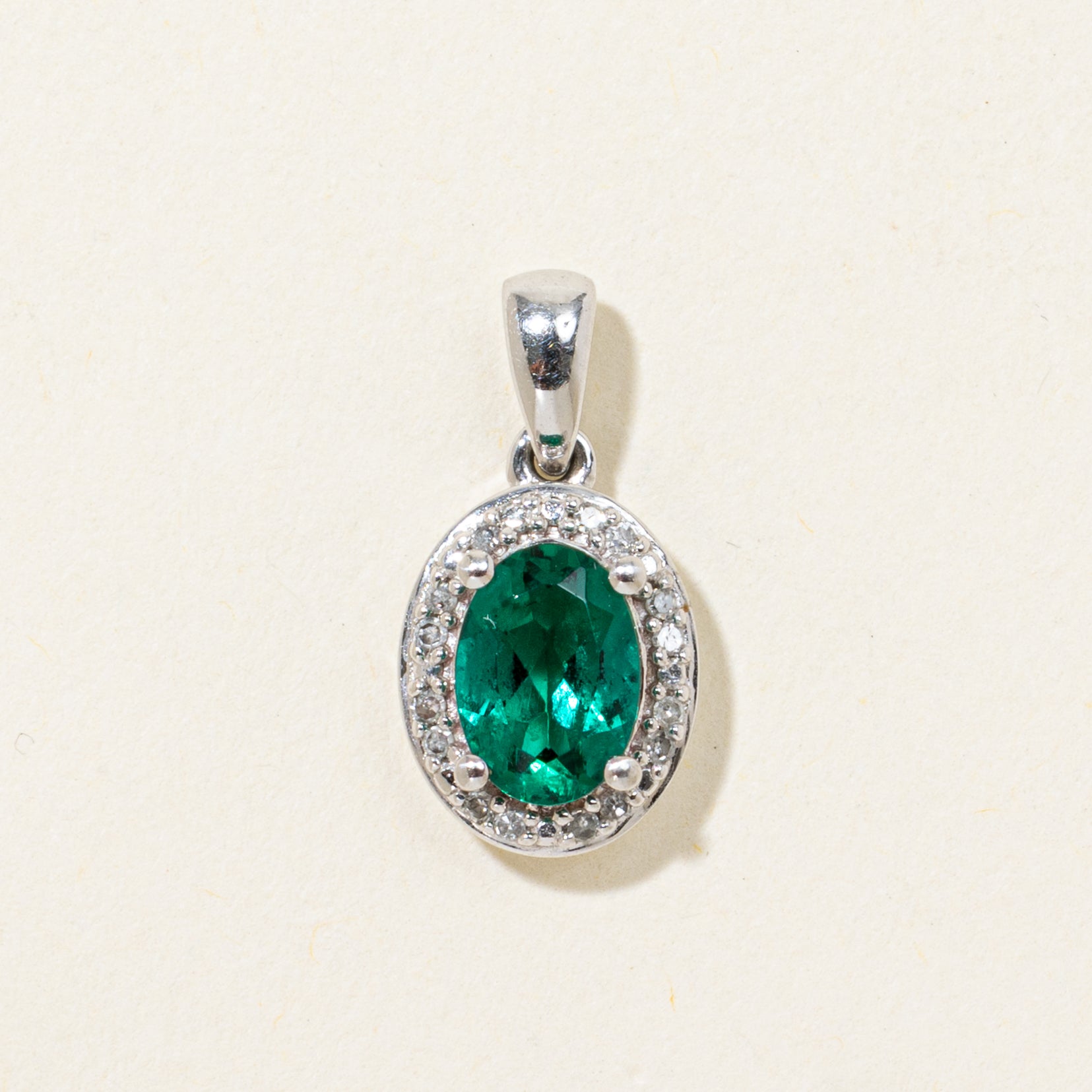 Oval Cut Synthetic Emerald & Diamond Halo Pendant | 0.47ct, 0.03ctw