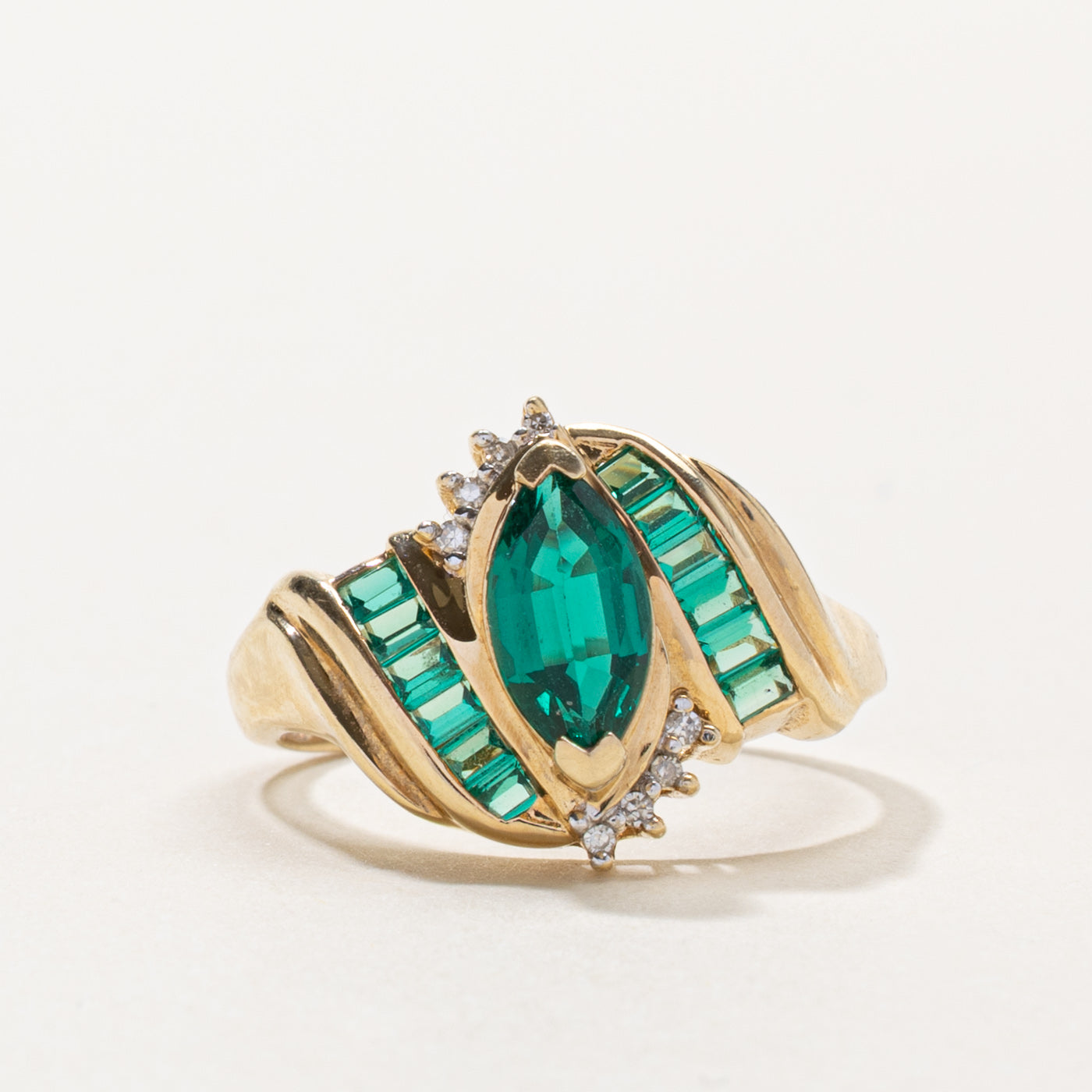 10k Synthetic Emerald & Diamond Accented Ring | 1.00ctw, 0.01ctw | SZ 8