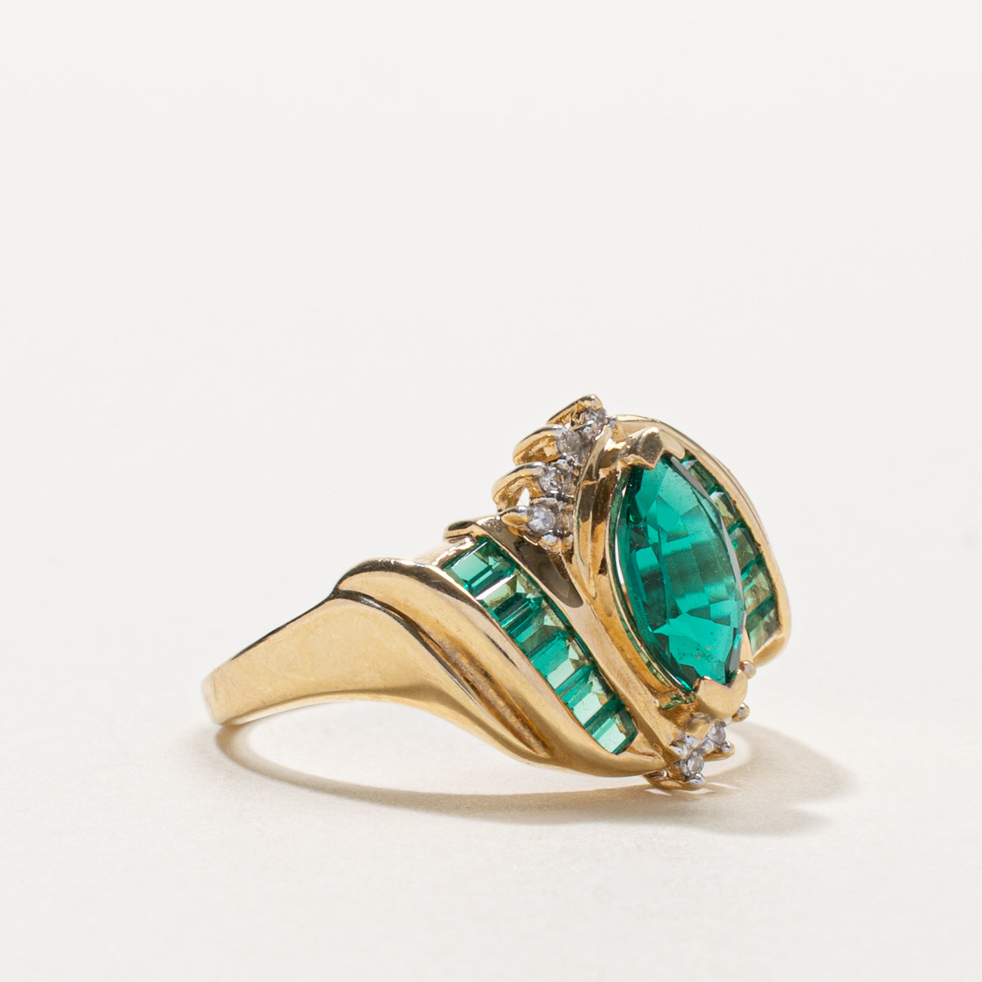 10k Synthetic Emerald & Diamond Accented Ring | 1.00ctw, 0.01ctw | SZ 8