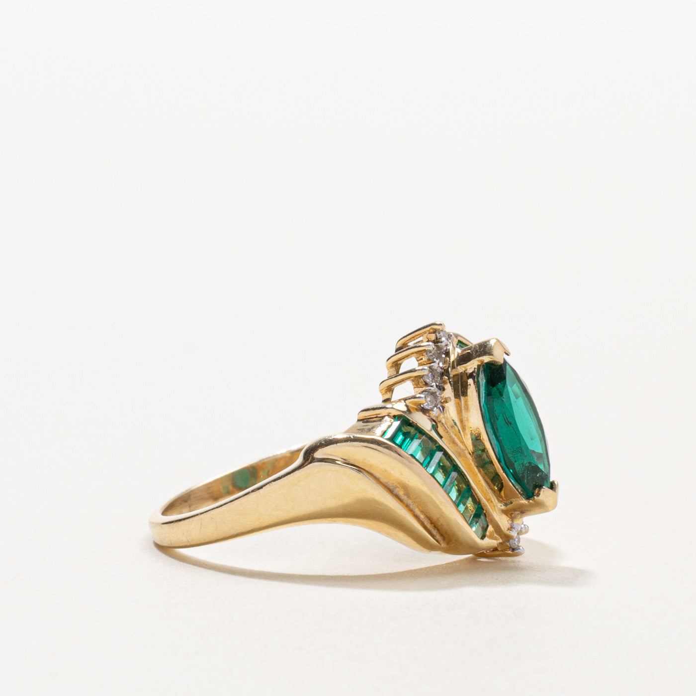 10k Synthetic Emerald & Diamond Accented Ring | 1.00ctw, 0.01ctw | SZ 8