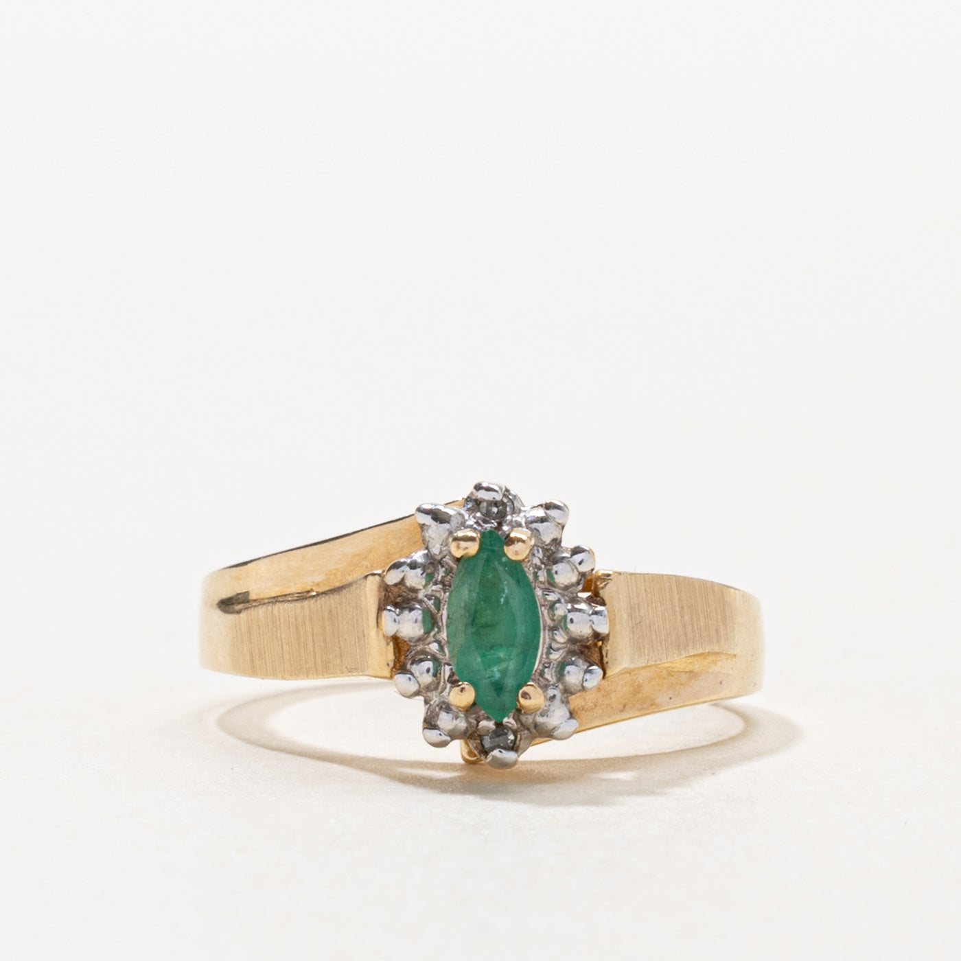 10k Marquise Cut Emerald & Diamond Petal Halo Ring | 0.20ct, 0.004ctw | SZ 6.25