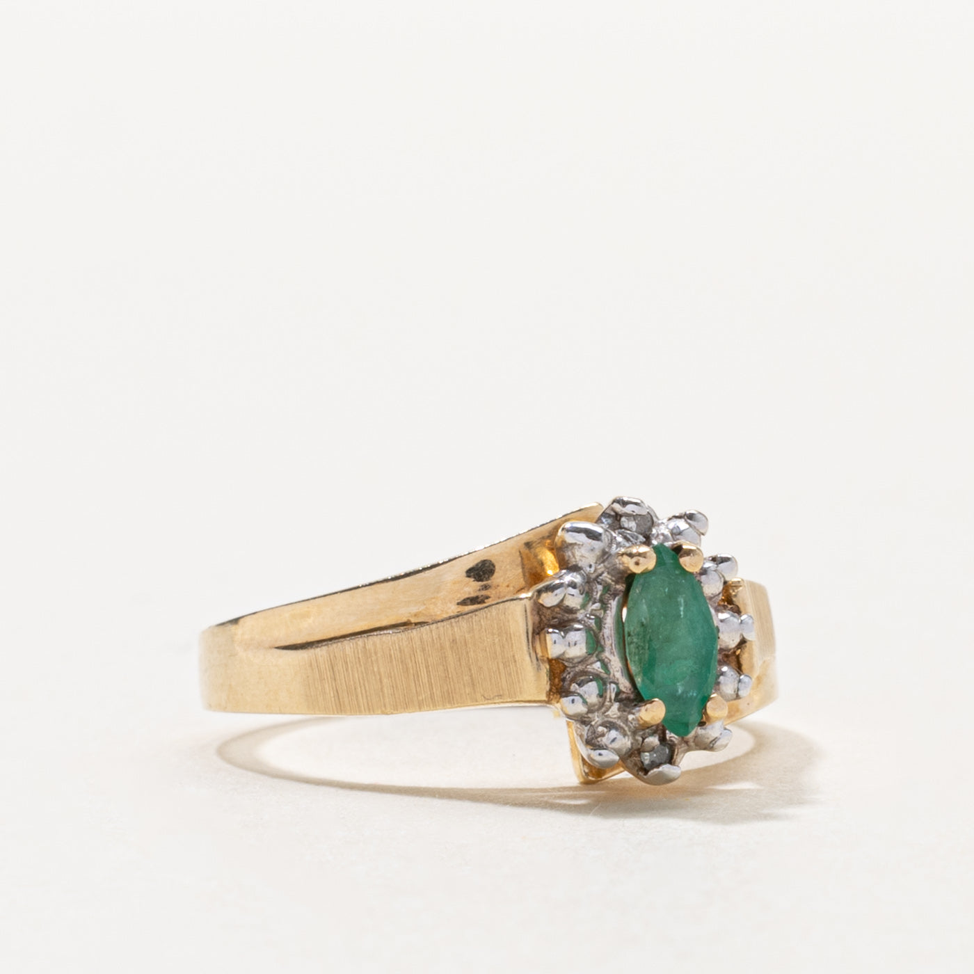 10k Marquise Cut Emerald & Diamond Petal Halo Ring | 0.20ct, 0.004ctw | SZ 6.25