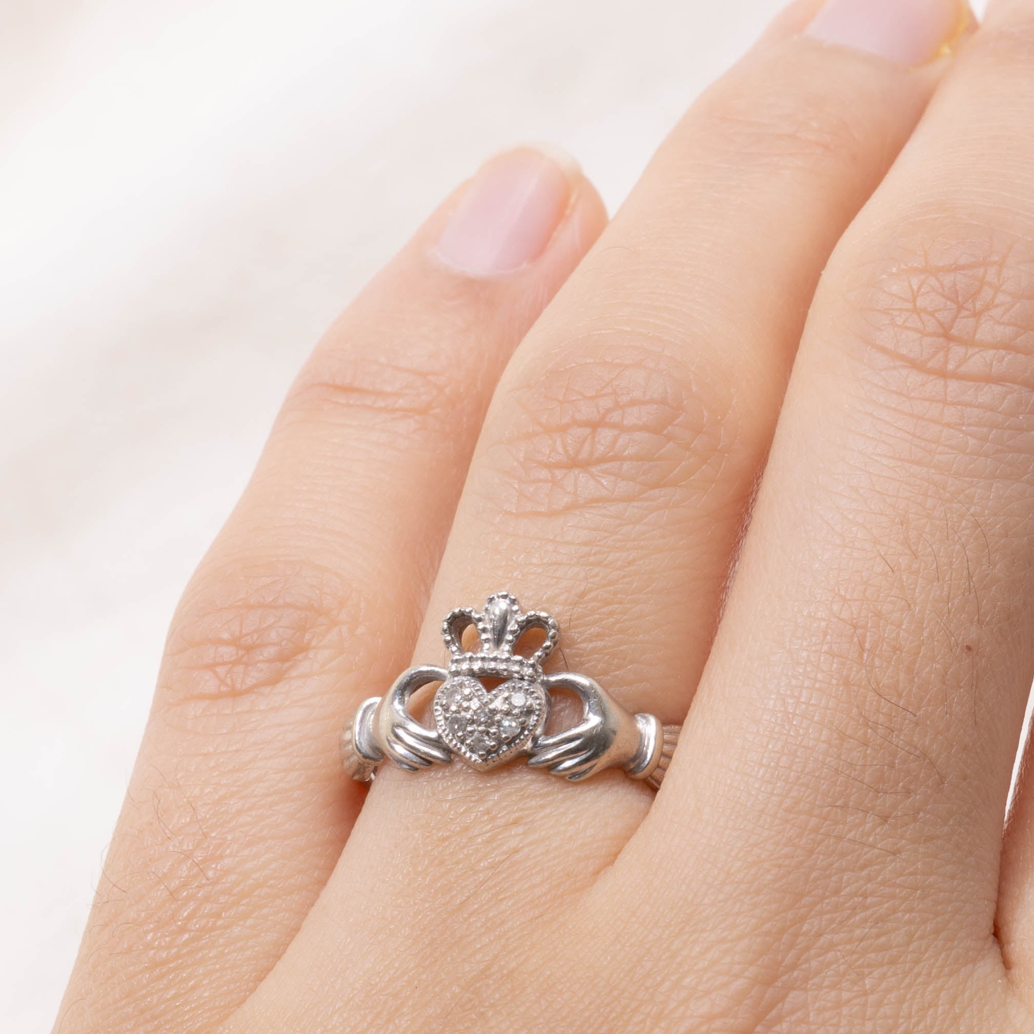 10k White Gold Claddagh Diamond Ring | SZ 7