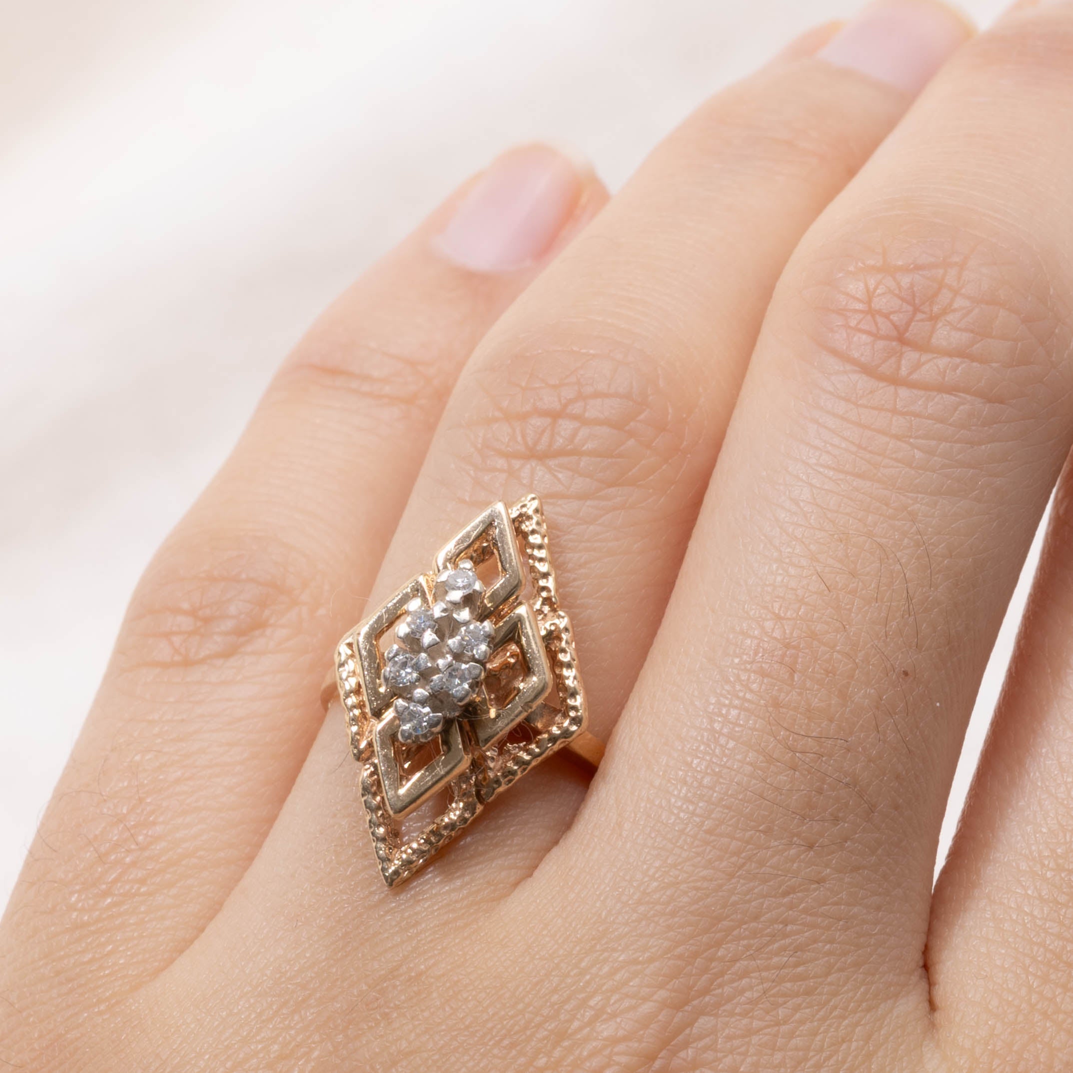 14k Diamond Openwork Cocktail Navette Ring | SZ 6