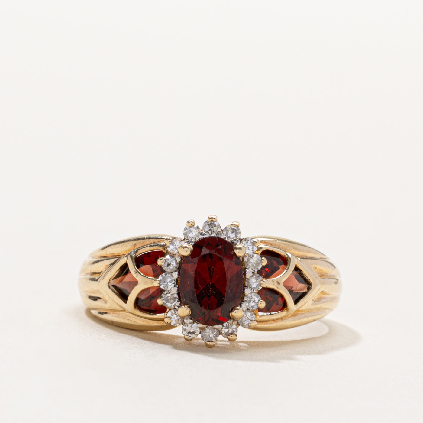 10k Garnet & Diamond Petal Halo Ring | 2.50ctw, 0.10ctw | SZ 8.5