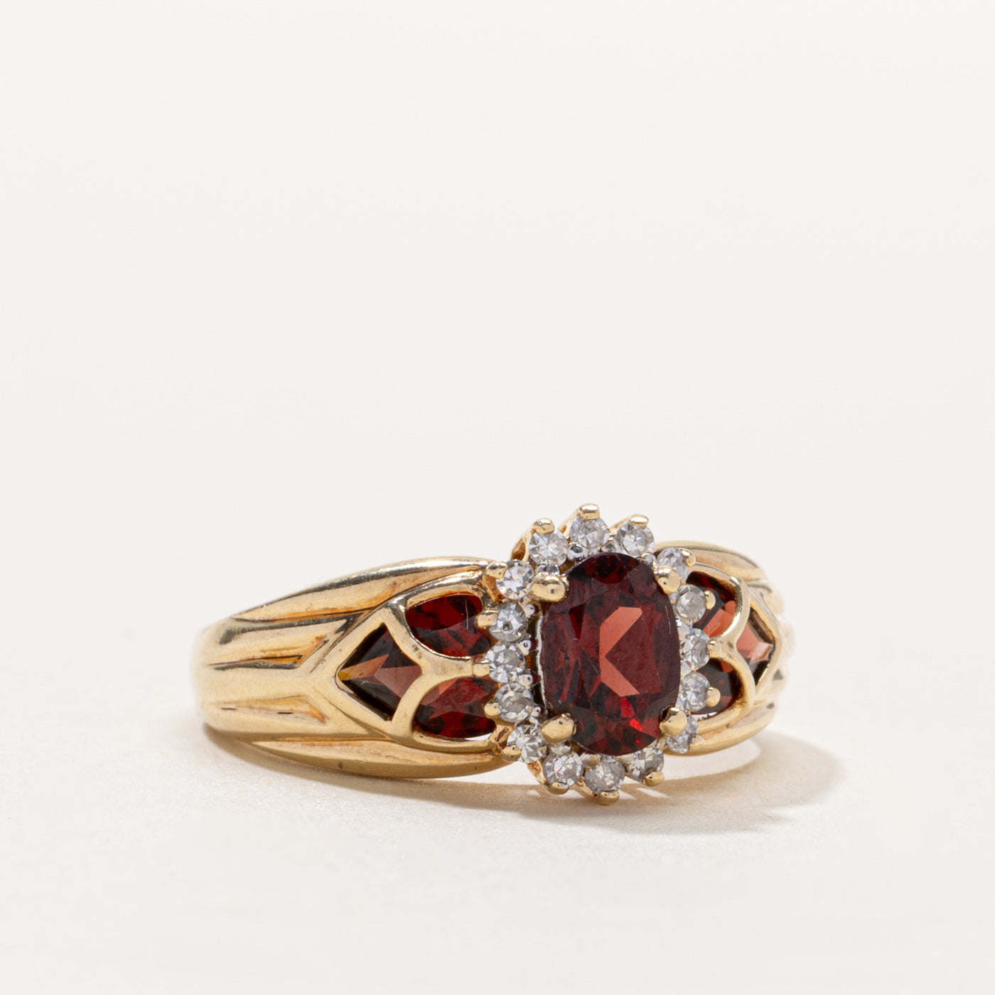 10k Garnet & Diamond Petal Halo Ring | 2.50ctw, 0.10ctw | SZ 8.5