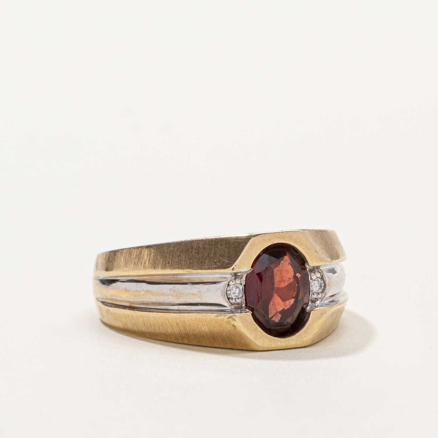 10k Bezel Set Garnet & Diamond Accented Wide Ring | 1.14ct, 0.02ctw | SZ 10.5
