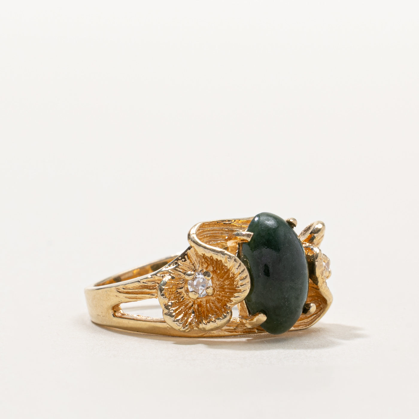 Nephrite Jade & Diamond Textured Floral Ring | 2.50ct, 0.08ctw | SZ 7.5