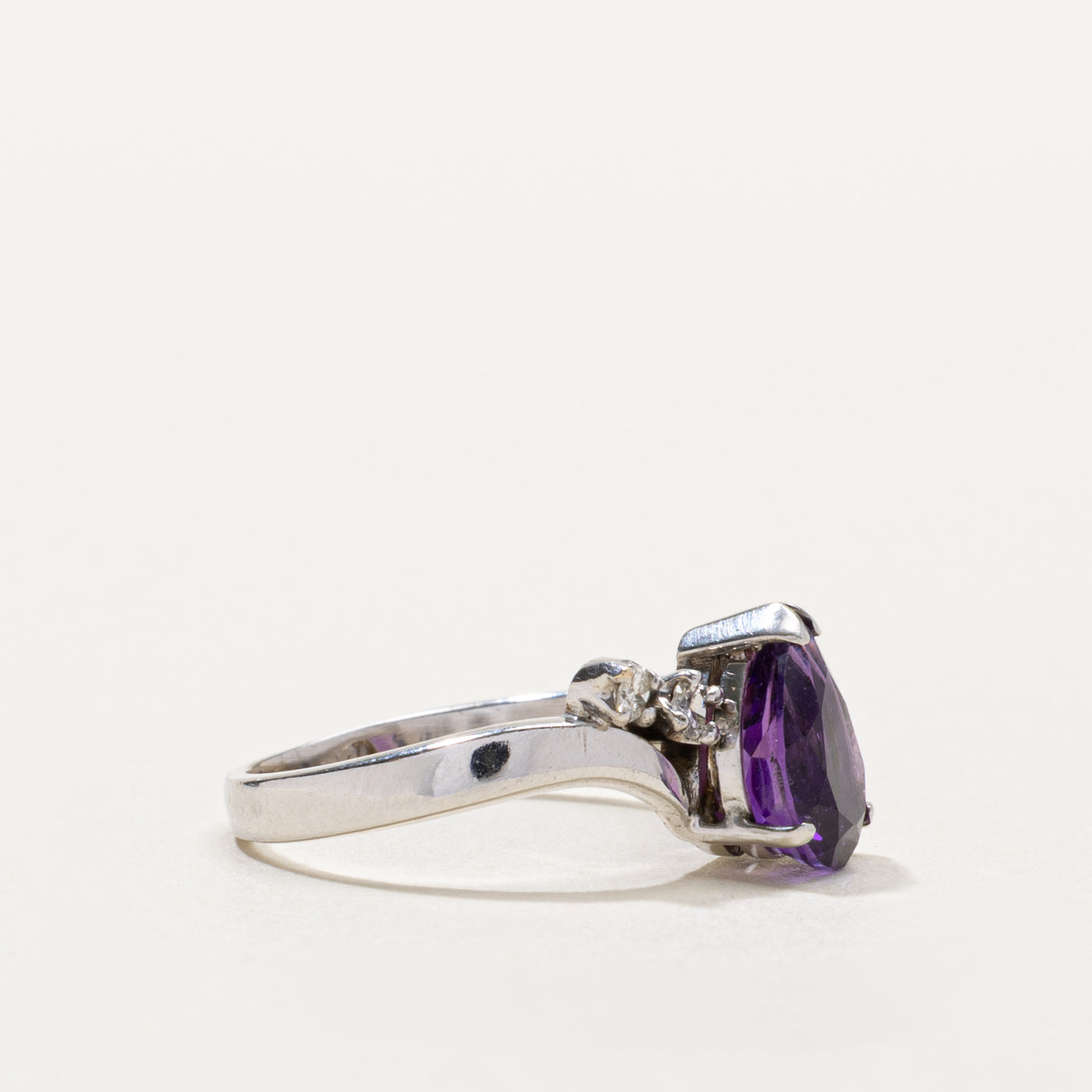 14k Pear Cut Amethyst & Diamond Bypass Ring | 1.40ct, 0.12ctw | SZ 6