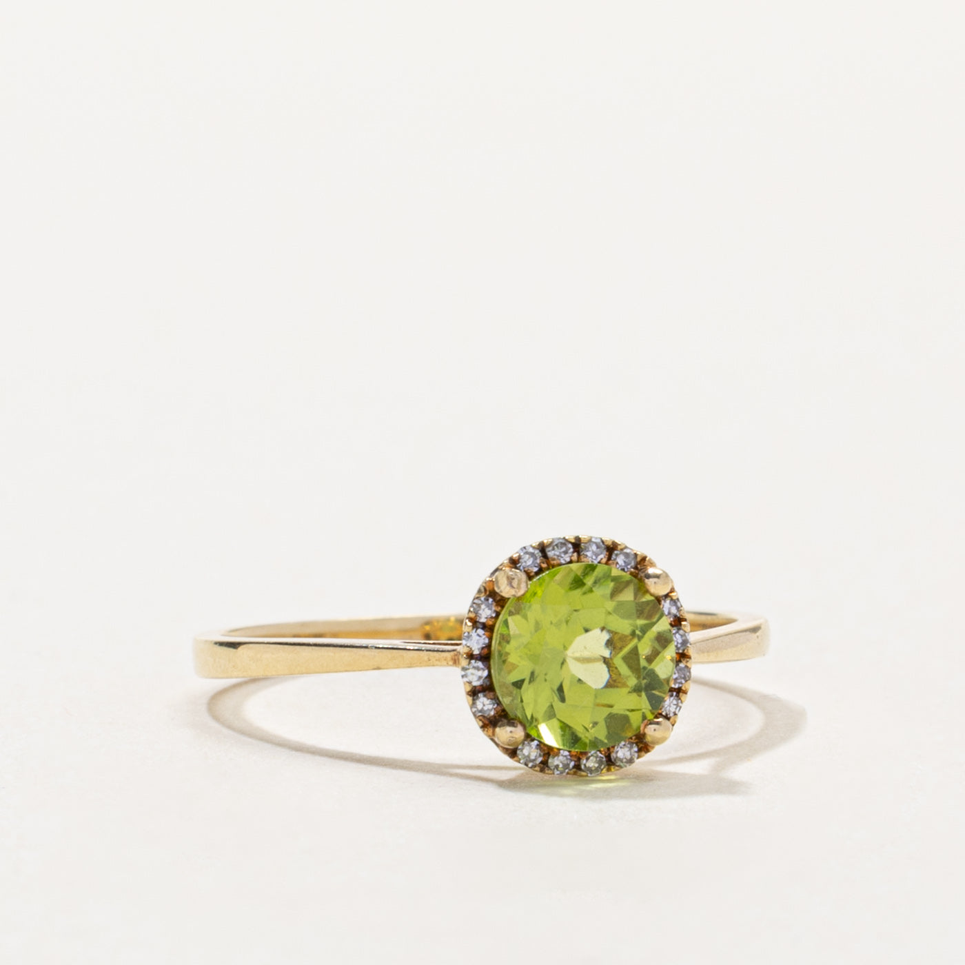 14k Round Cut Peridot & Diamond Halo Ring | 0.94ct, 0.05ctw | SZ 6.75